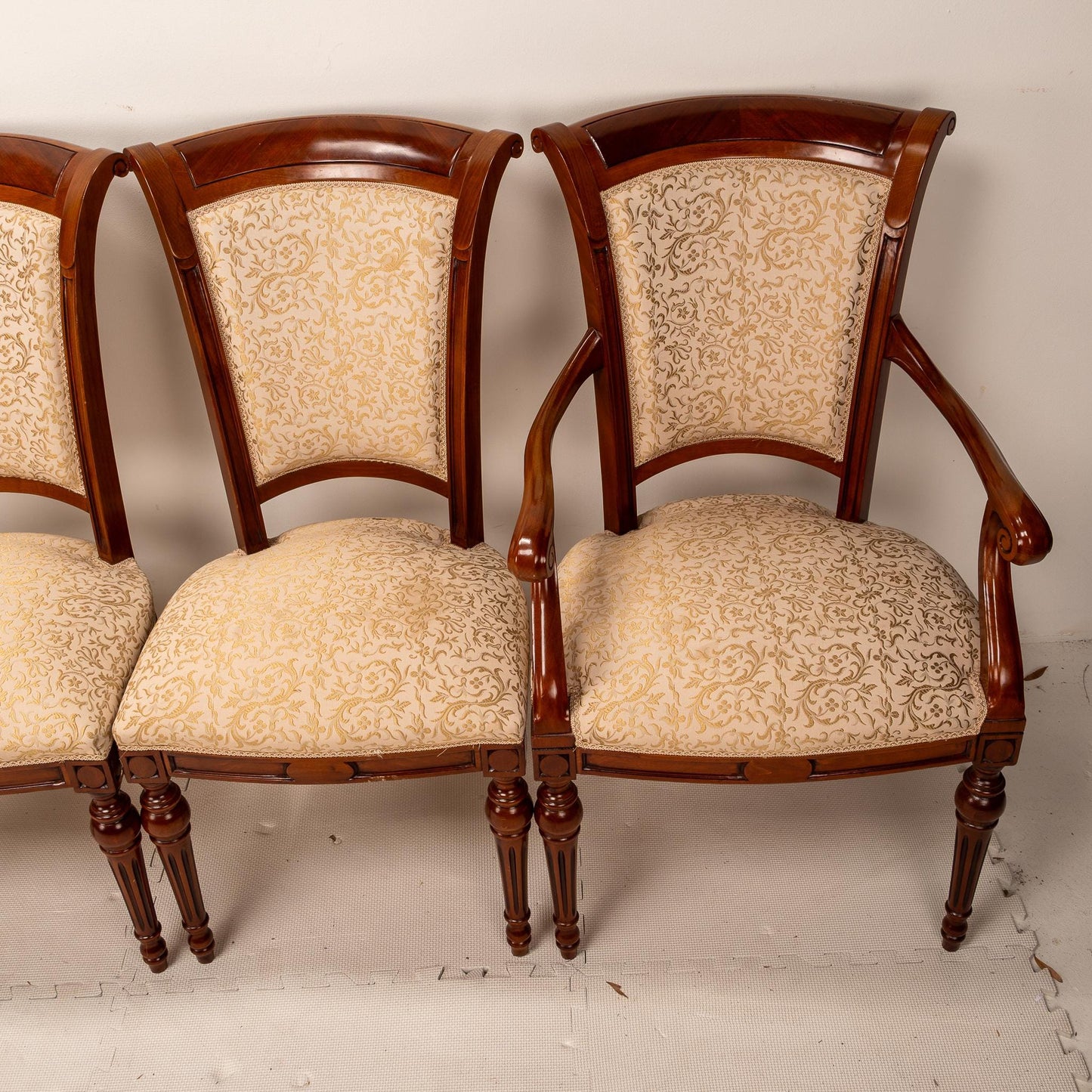 Exquisite French Neoclassic Style Carved Upholstered Dining Chairs - Set of 8 , High End Luxury Seating, Spring Seats, Mahogany Wood