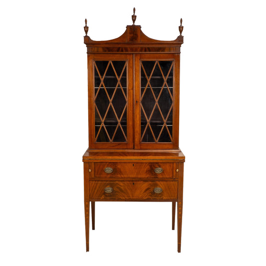 Late 19th Century Flame Mahogany Secretary Desk Bookcase, Antique Drop Front Desk