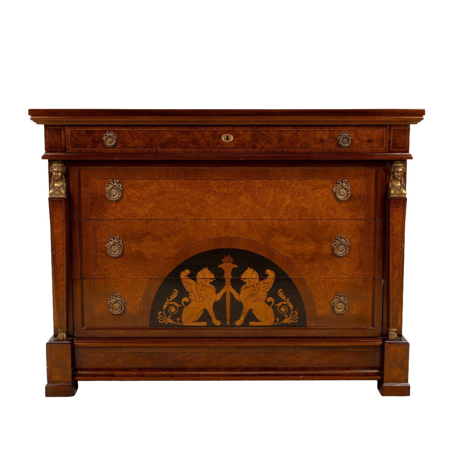 Empire Style Chest of Drawers W/ Griffin Motifs &Hidden Drawer, Neoclassical Dresser