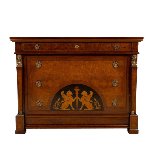 Empire Style Chest of Drawers W/ Griffin Motifs &Hidden Drawer, Neoclassical Dresser