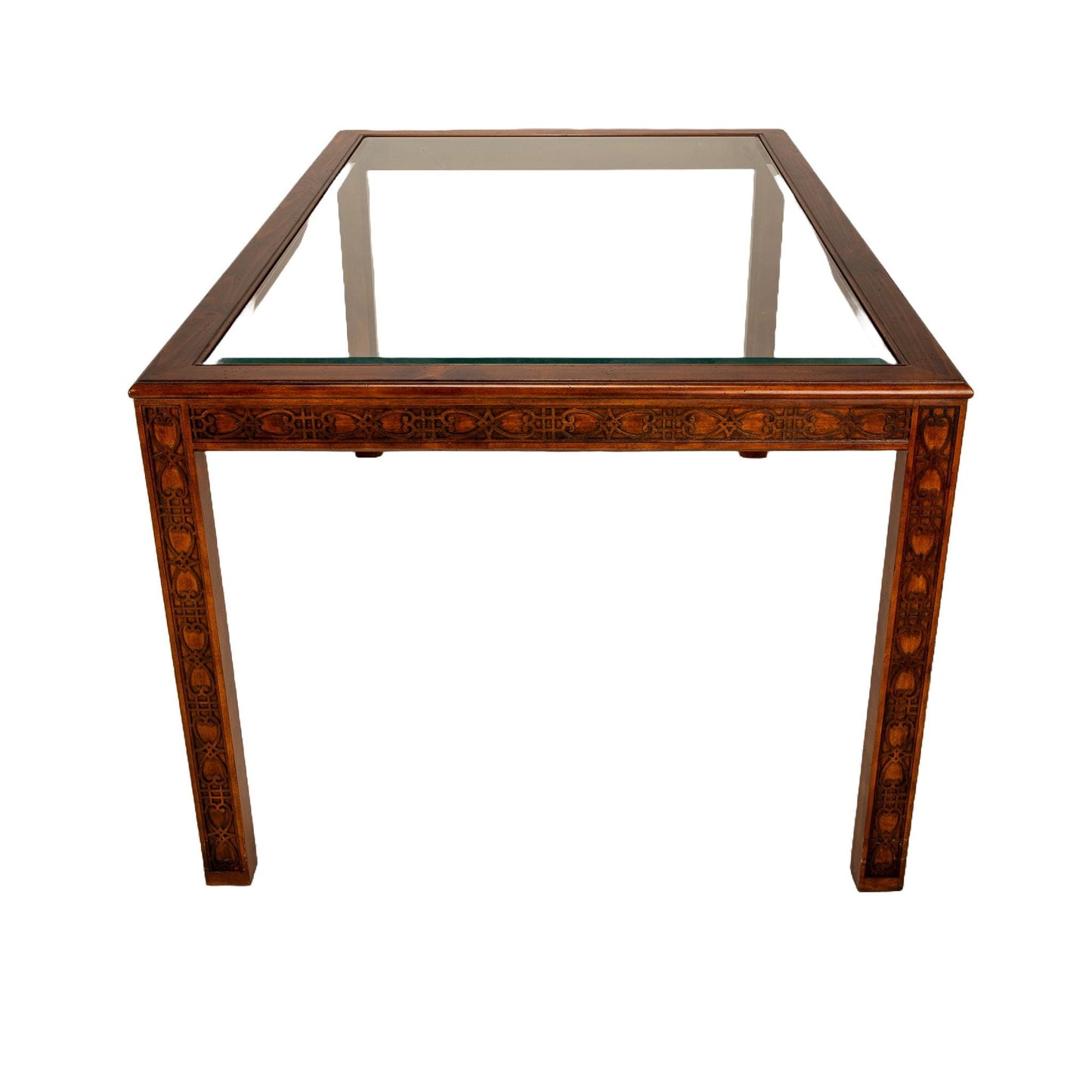 1970s Drexel Heritage Chinese Chippendale Style Carved Wood Glass Top Dining Table , Unique Beautiful Carving Detail Work