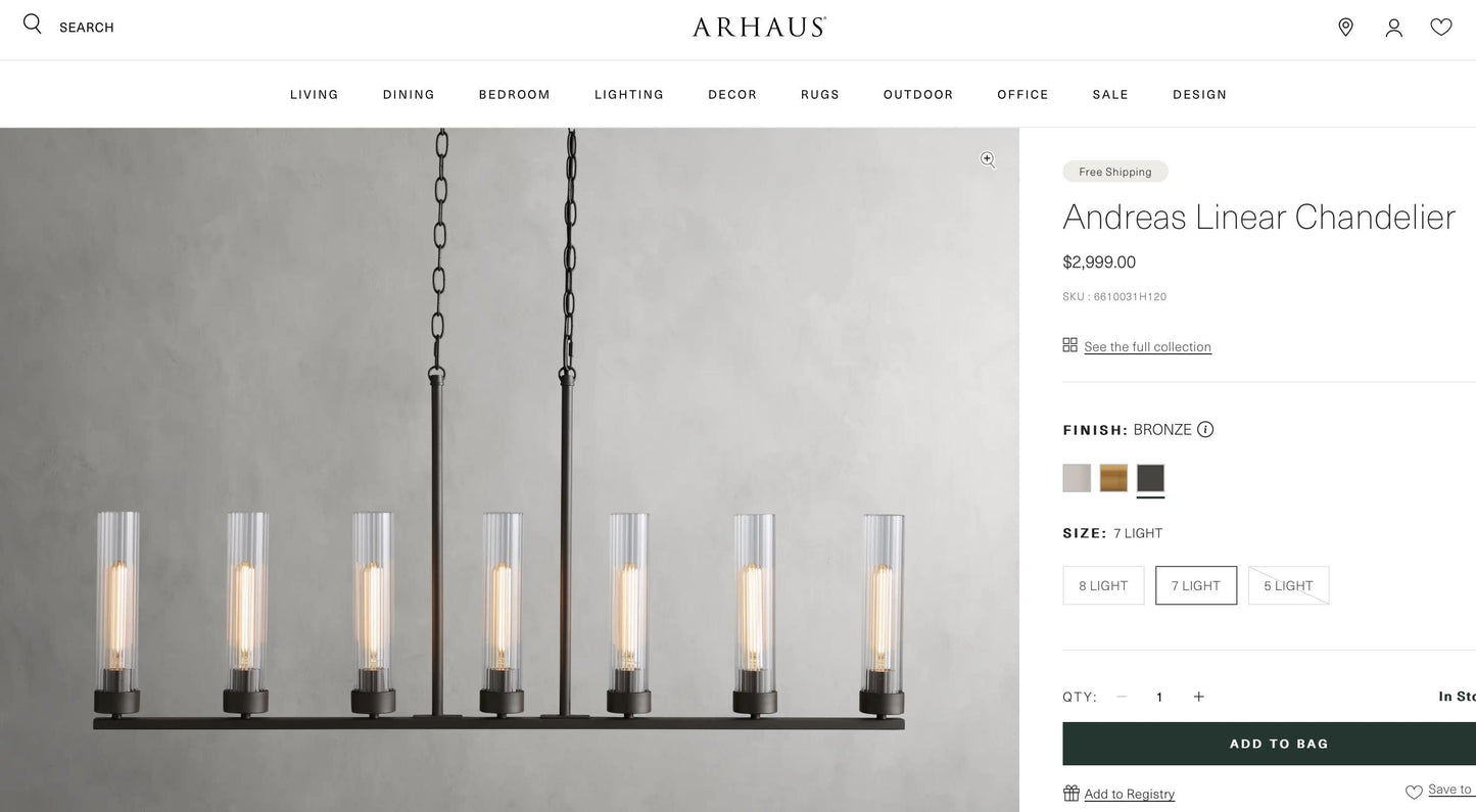 Arhaus Andreas Linear Chandelier in Bronze - New in Packaging 2999 in Store, High End Lighting, Sold at Fraction of Price, Free Shipping
