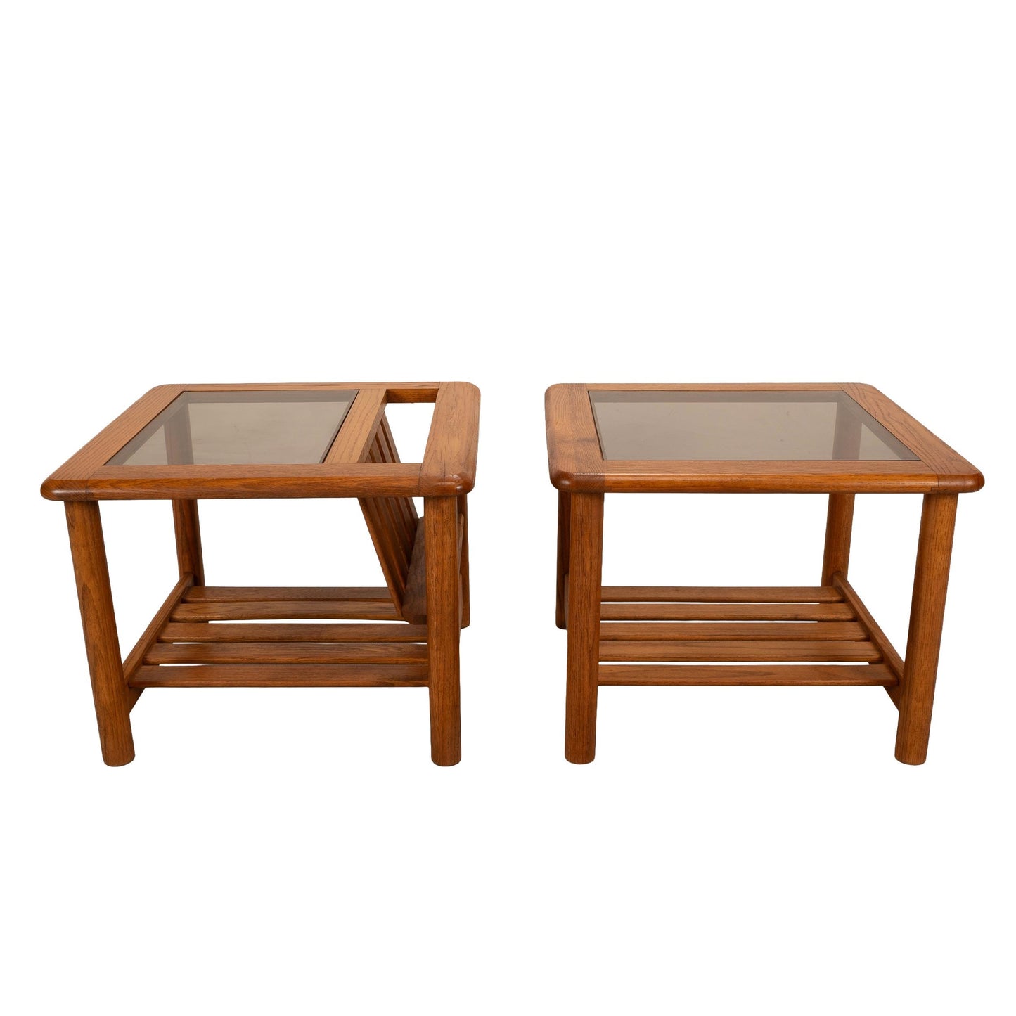 1970's Mersman Solid Oak & Smoked Glass End Tables / Magazine Tables - Set of Two