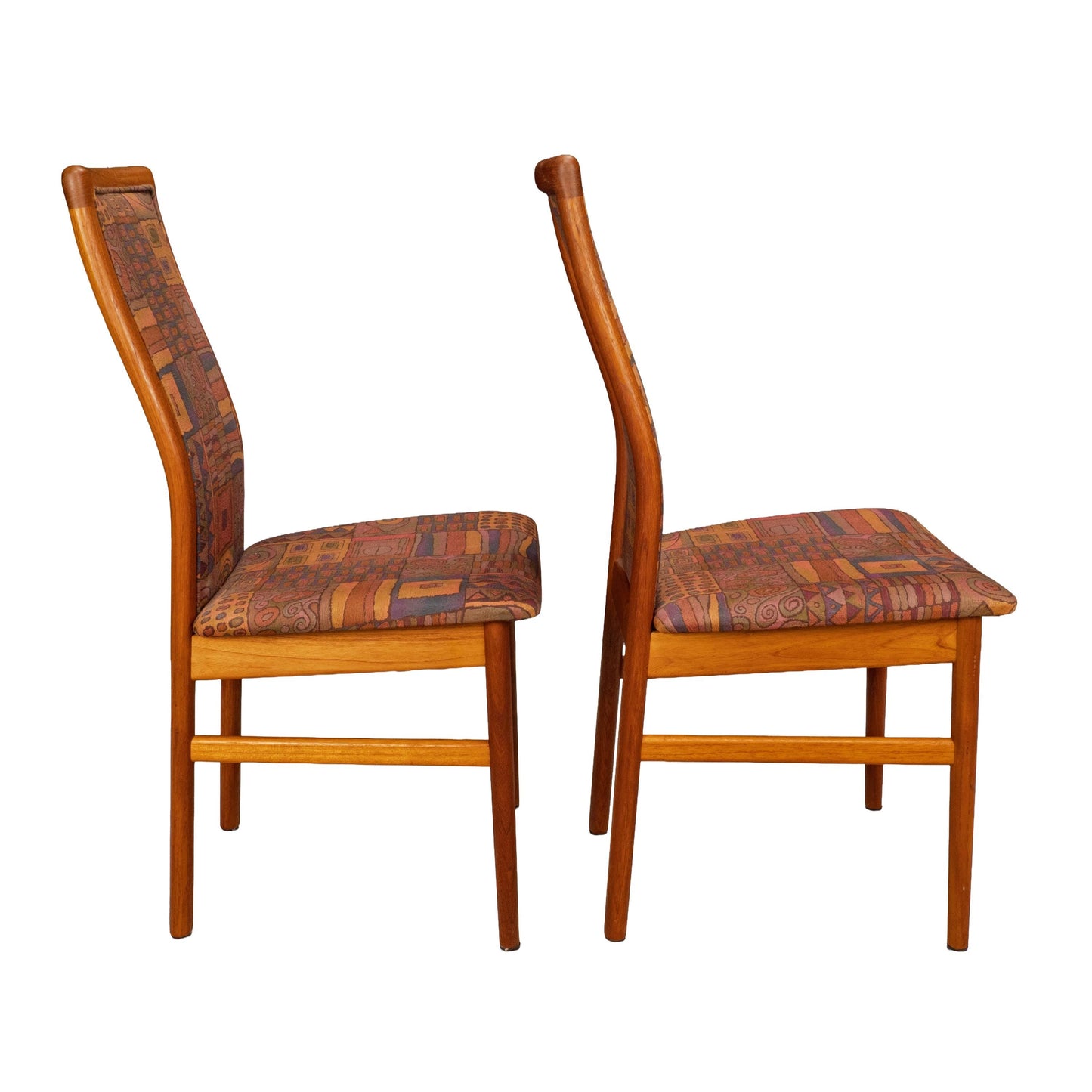 Pair Vintage Danish Teak Side Accent Chairs – Schou Andersen Denmark – Funky 80s Upholstery