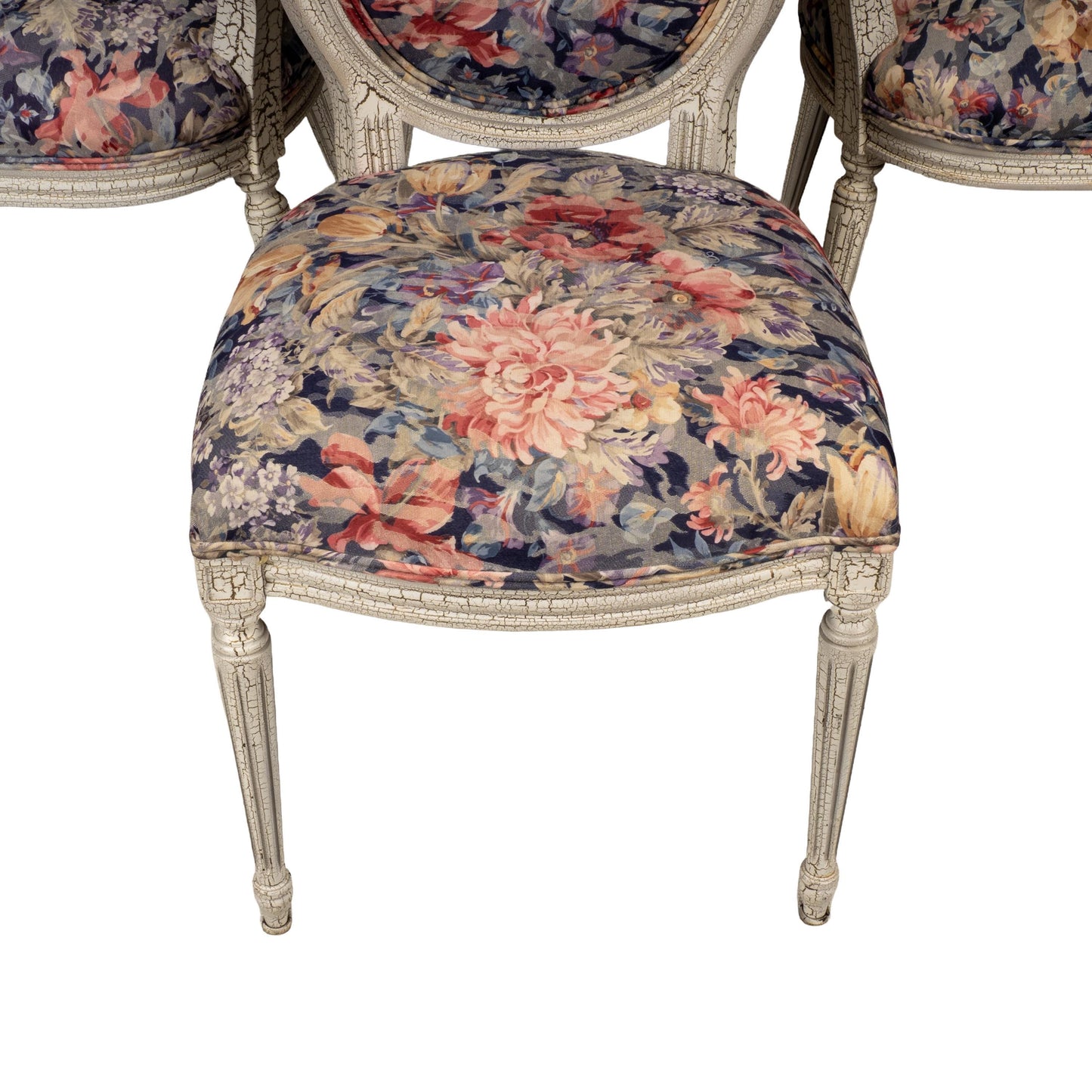 French Style Shabby Chic Dining Chairs Floral Upholstery Distressed Crackle Finish - Set of 4