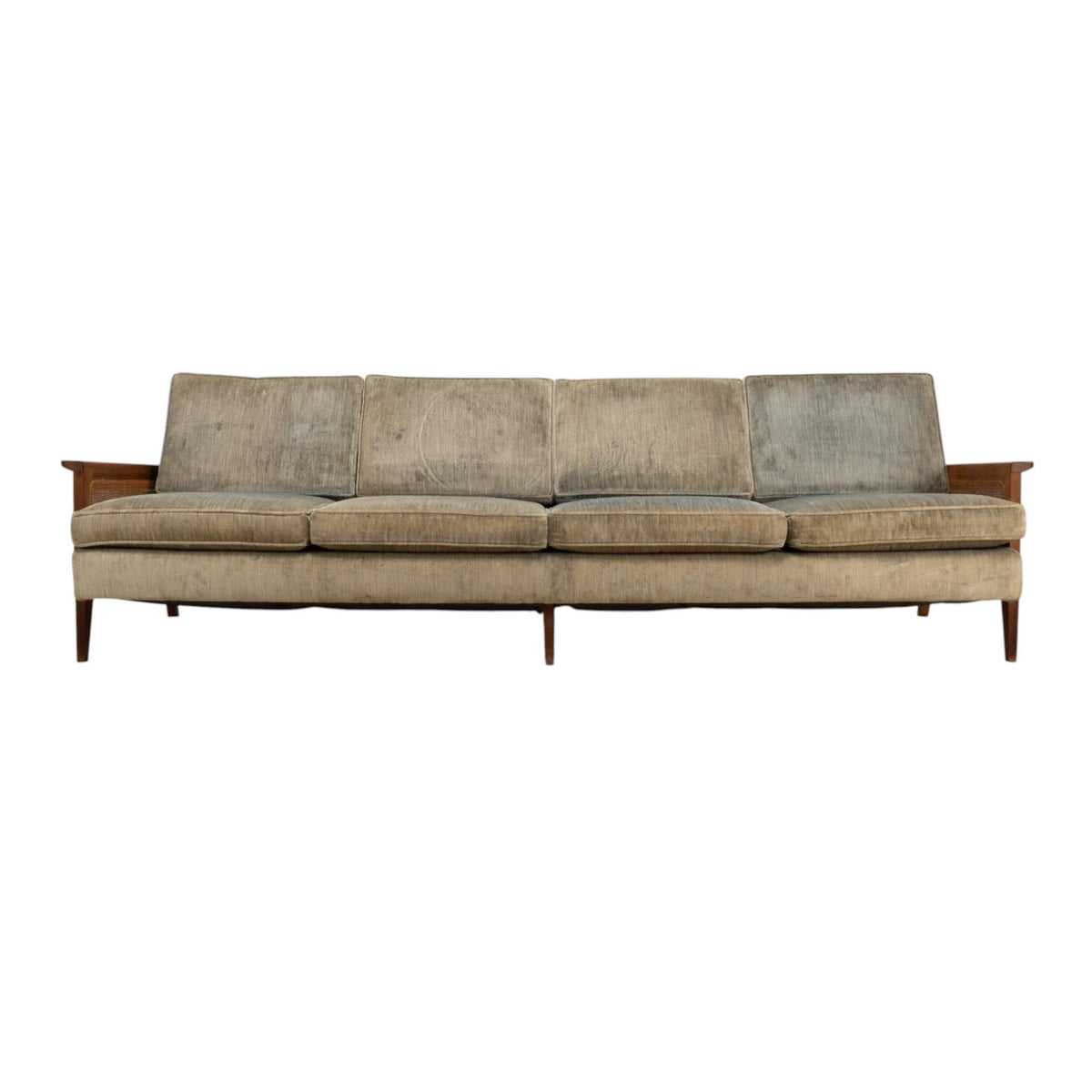 1960s Mid Century Modern 101" Caned Walnut Velvet Sofa for Reupholstery