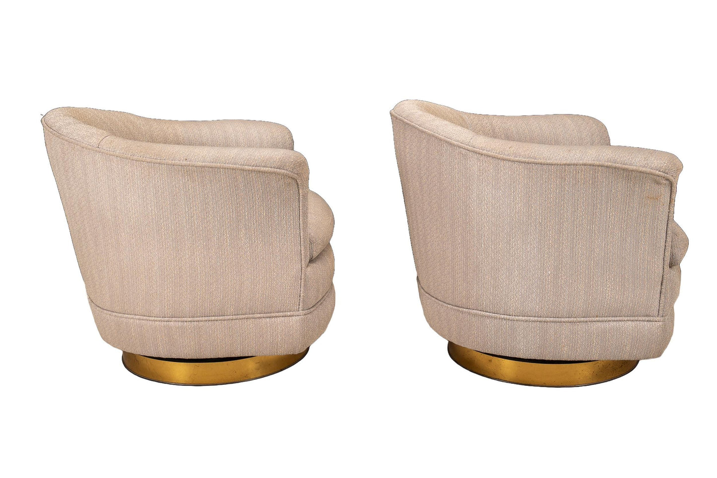 1989 Milo Baughman for Thayer Coggin Swivel Tub Lounge Chairs - A Pair , Hollywood Regency MCM Gold Trimmed Base USA Shipping Available