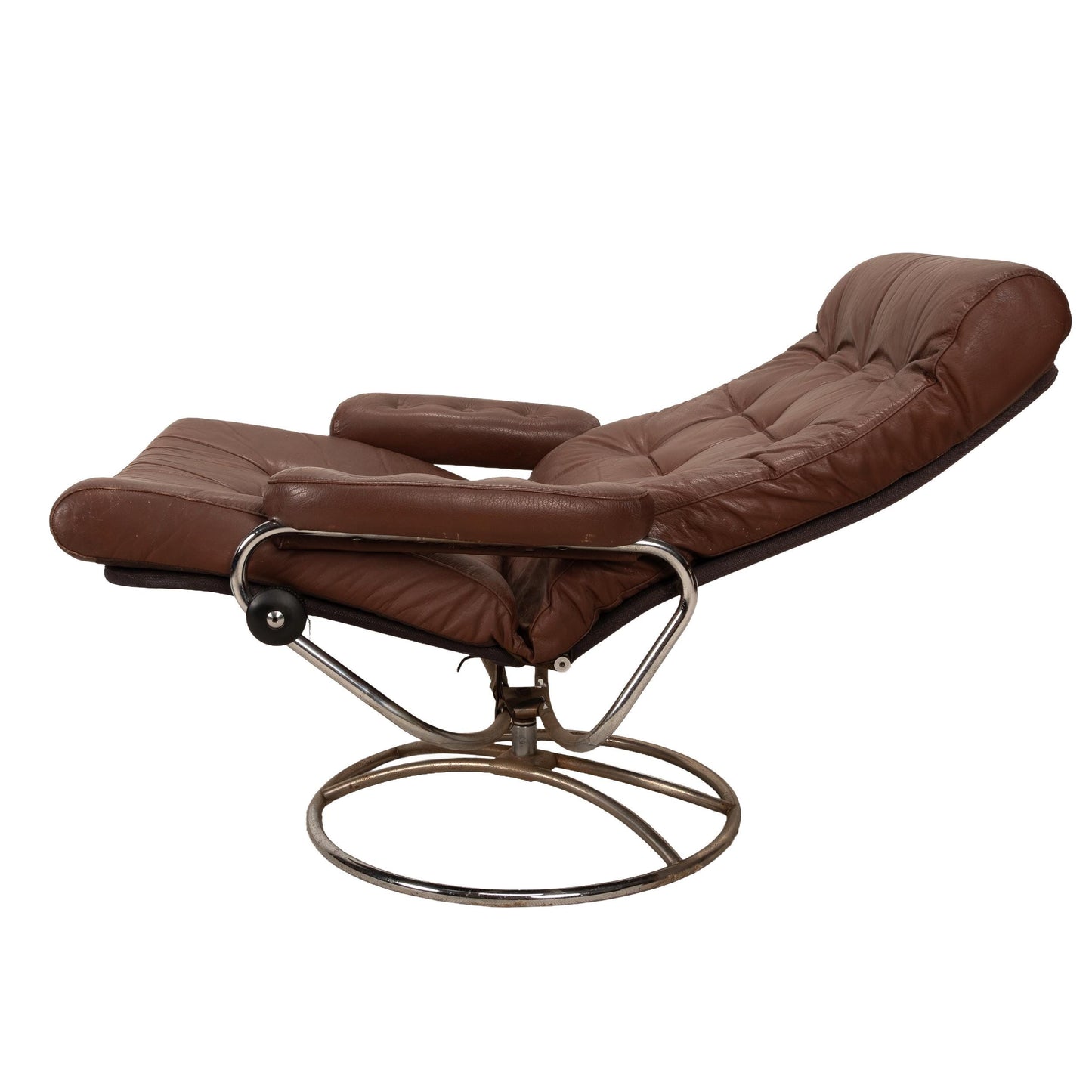 1970s Vintage Ekornes Stressless Recliner & Ottoman in Brown Leather With Chrome Retro Base