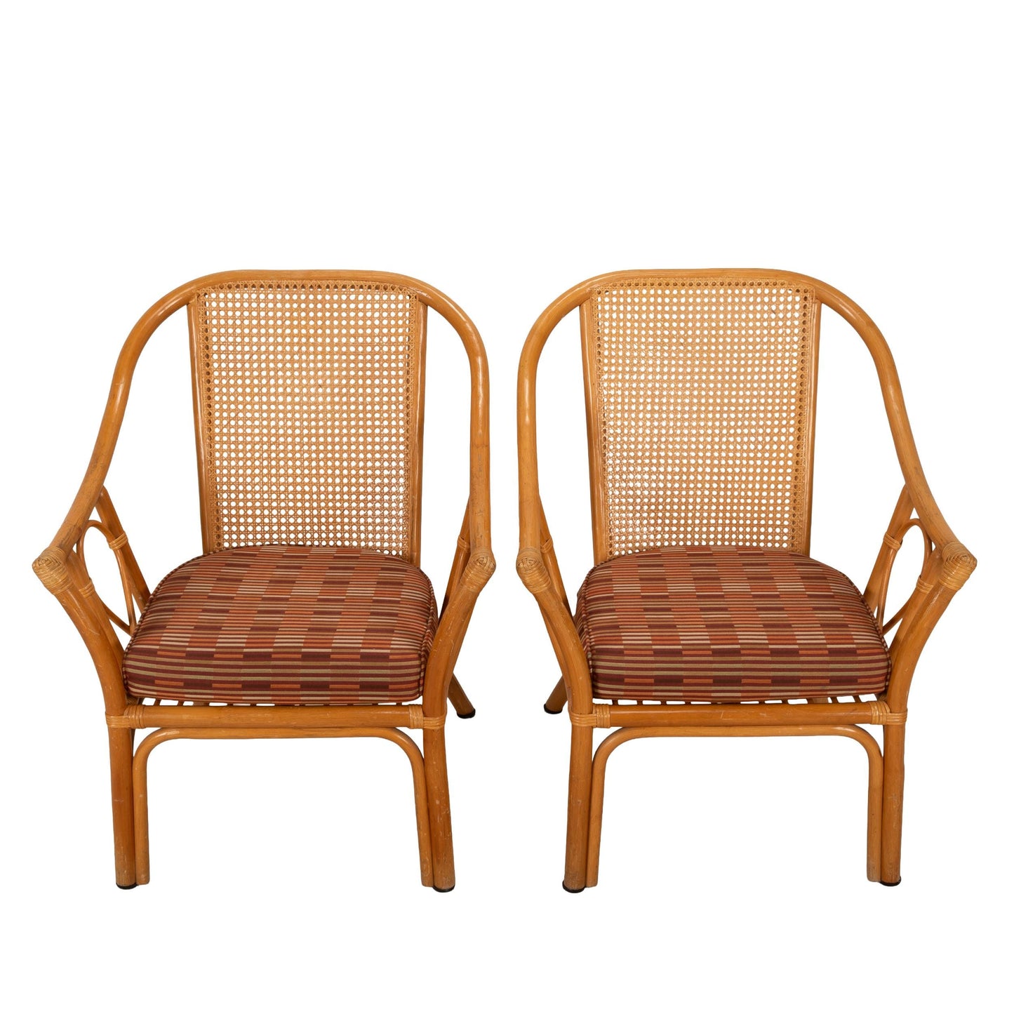 Mid Century Cane and Bamboo Coastal Side Chairs W/ Cushions & Caned Backs - A Pair, Tropical Palm Beach Style Decor