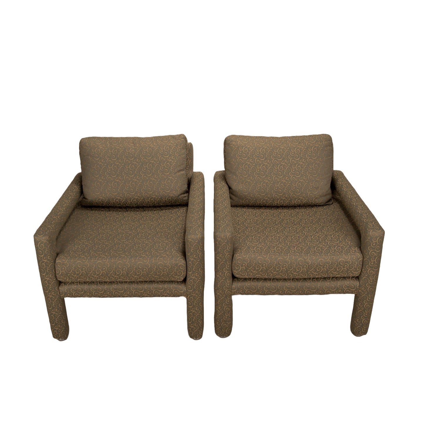 1980s Milo Baughman Style Parson Upholstered Lounge Chairs - A Pair , Classic Mid Century Modern Design MCM , High End Quality Piece