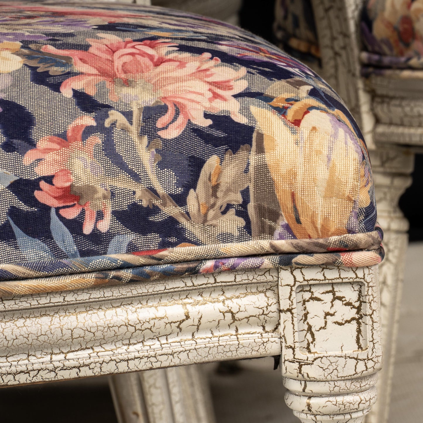 French Style Shabby Chic Dining Chairs Floral Upholstery Distressed Crackle Finish - Set of 4