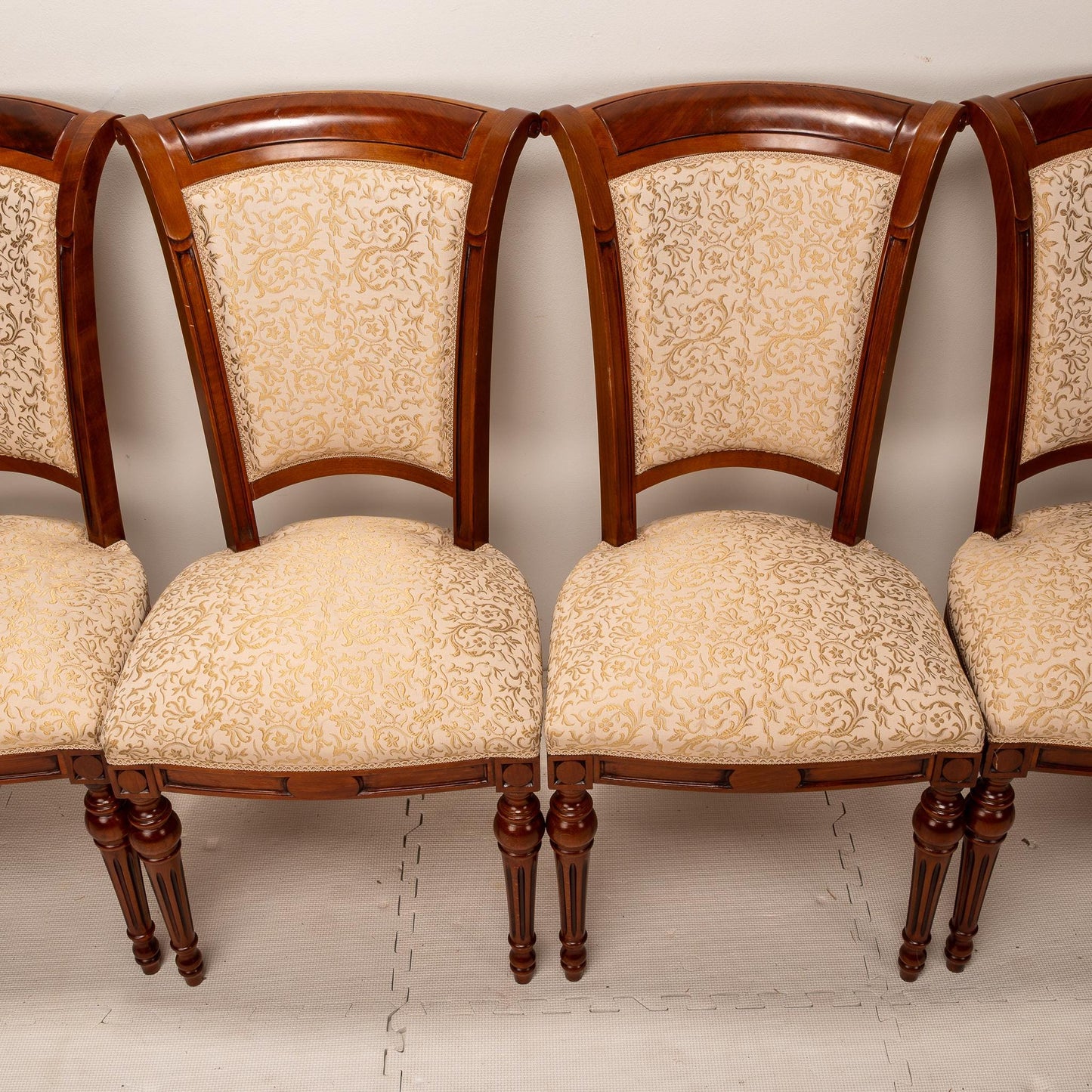 Exquisite French Neoclassic Style Carved Upholstered Dining Chairs - Set of 8 , High End Luxury Seating, Spring Seats, Mahogany Wood