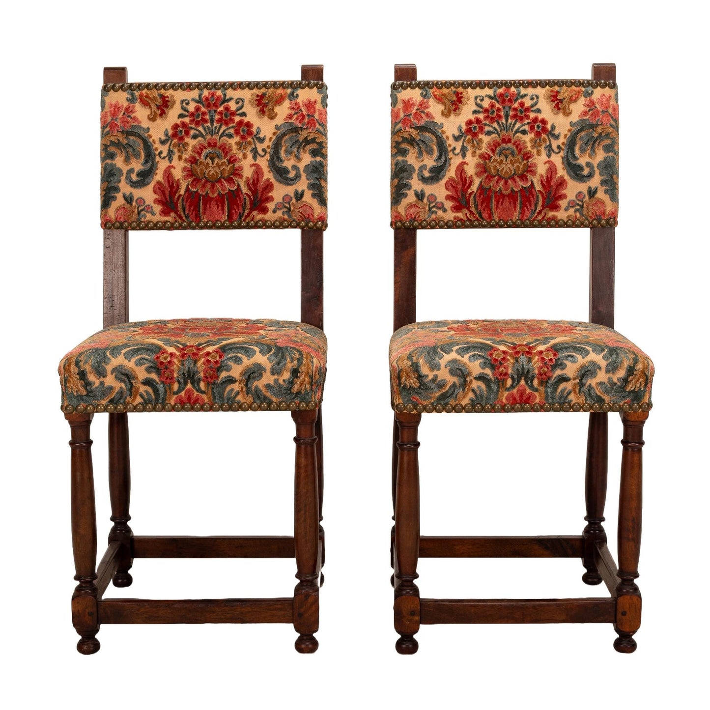 Antique French Walnut Baroque Cut Velvet Studded Floral Side Chairs - A Pair , Gorgeous French Antiques, High End Statement Piece
