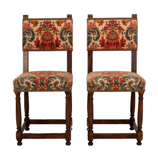 Antique French Walnut Baroque Cut Velvet Studded Floral Side Chairs - A Pair , Gorgeous French Antiques, High End Statement Piece