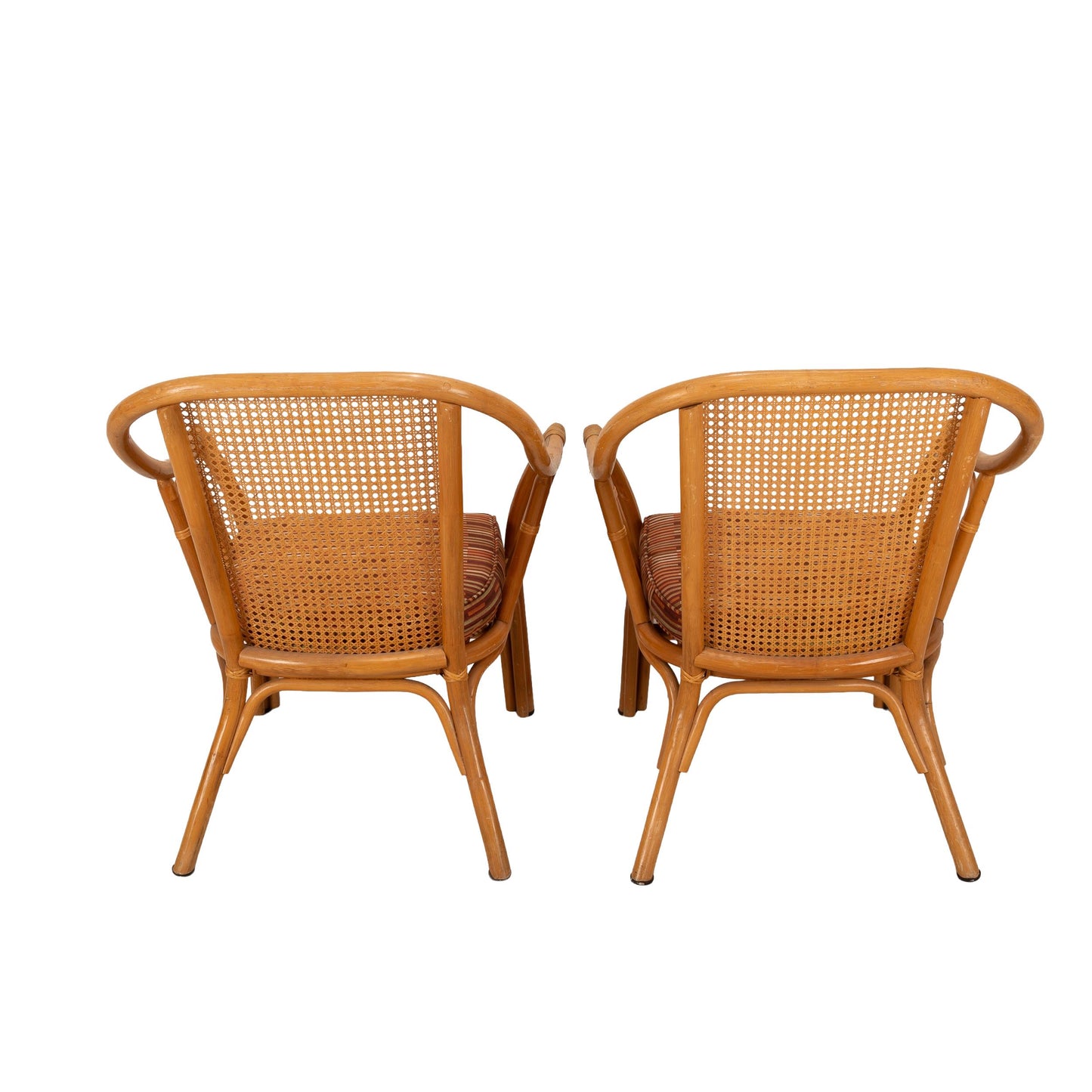 Mid Century Cane and Bamboo Coastal Side Chairs W/ Cushions & Caned Backs - A Pair, Tropical Palm Beach Style Decor