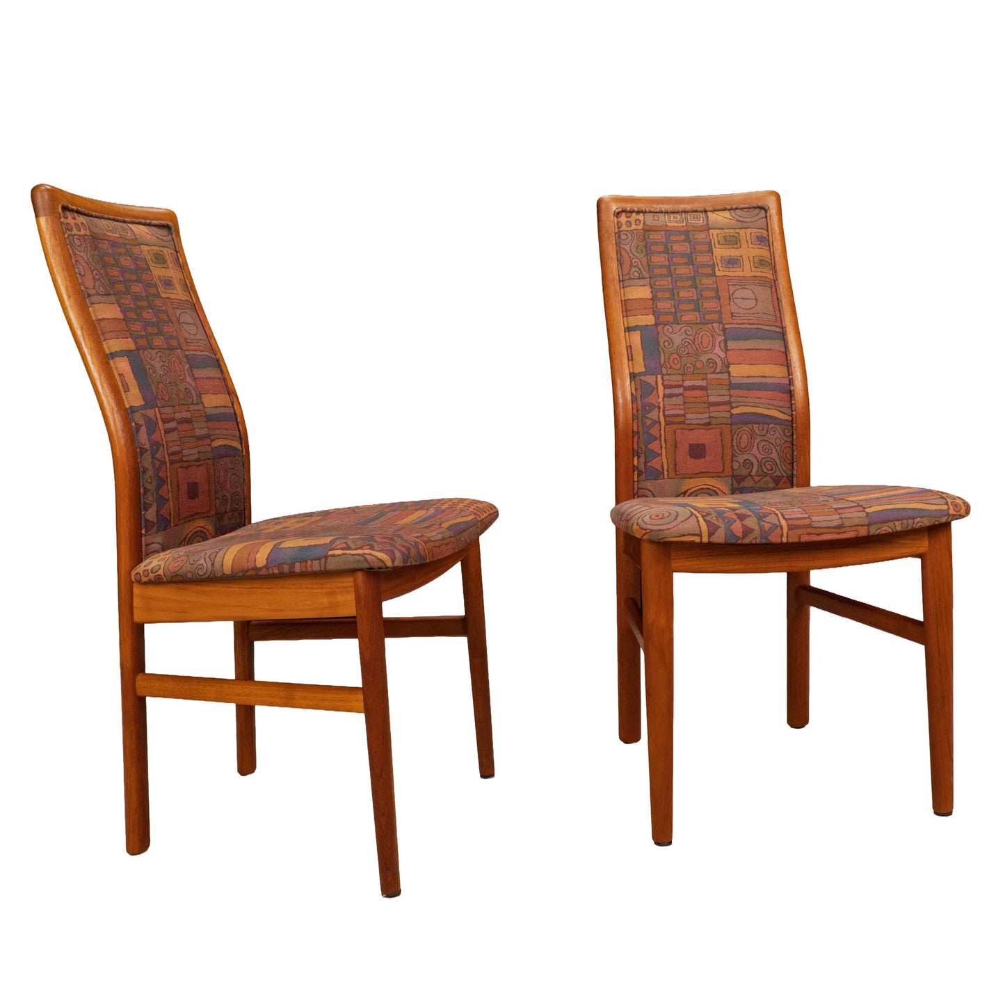 Pair Vintage Danish Teak Side Accent Chairs – Schou Andersen Denmark – Funky 80s Upholstery