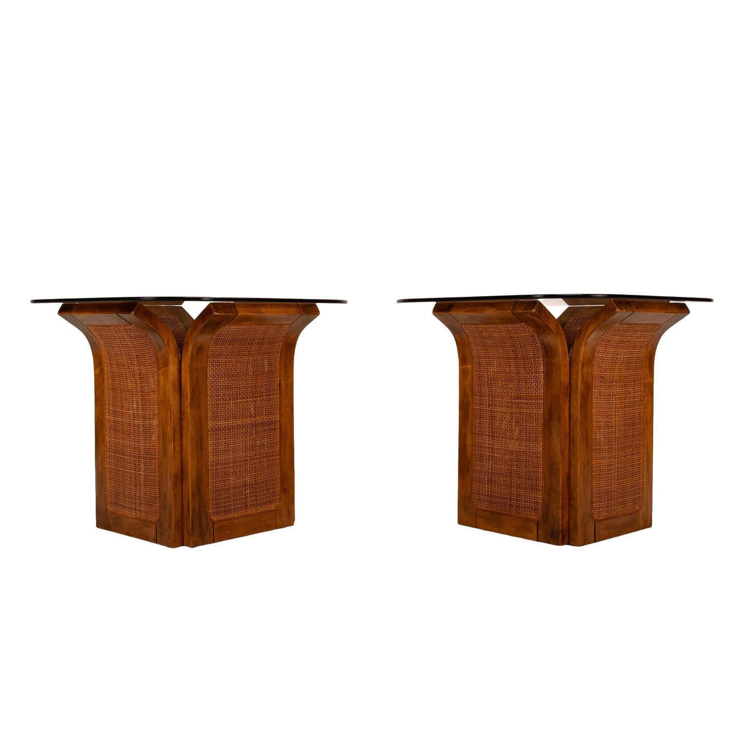 1960s Mid Century Modern Double Wicker Bentwood Side Tables with Smoked Glass Tops – Retro Boho Chic Vintage Accent End Tables