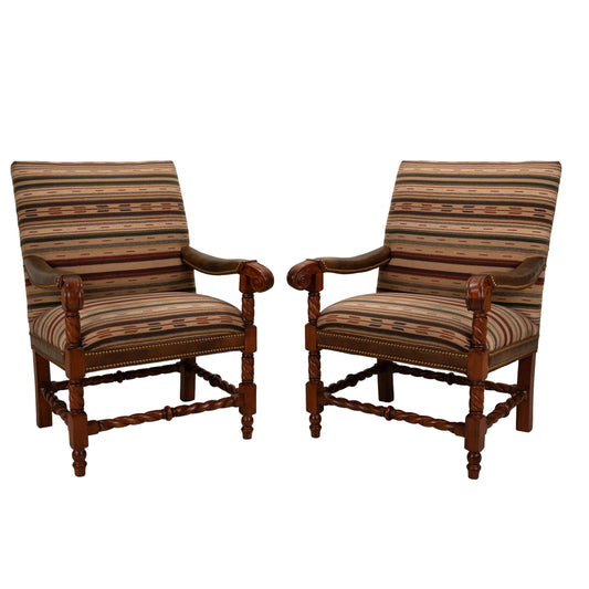 Hancock & Moore Louis XIII French Style Barley Twist Throne Armchairs W/ Southwestern Wool Geometric Fabric