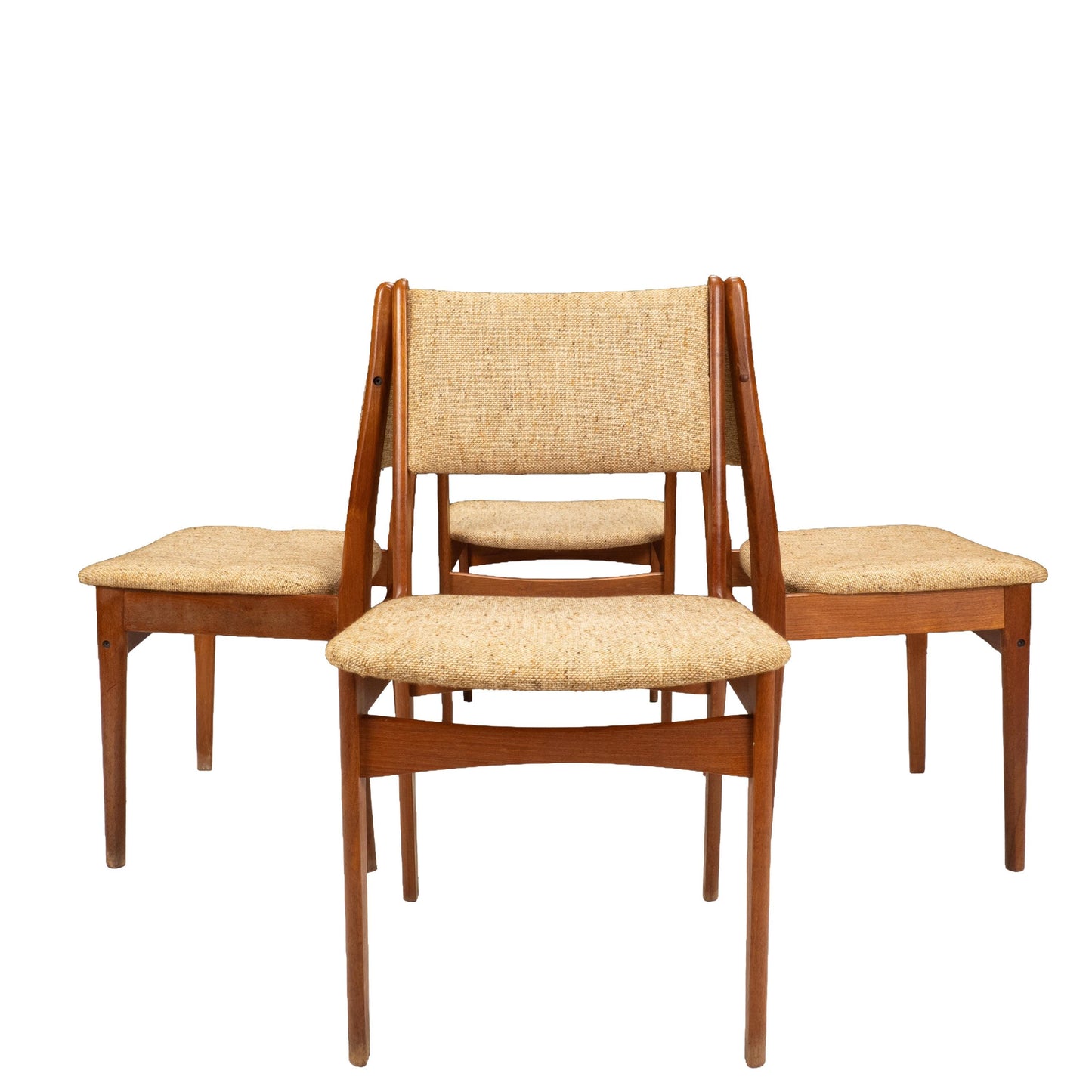 Set of 4 Danish Modern Dining Chairs Teak Frame Tweed Upholstery Mid Century