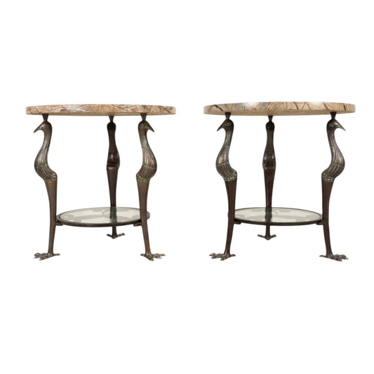 Bronze Bird Form Side Tables W/ Marble Tops Attributed to Maitland Smith - A Pair