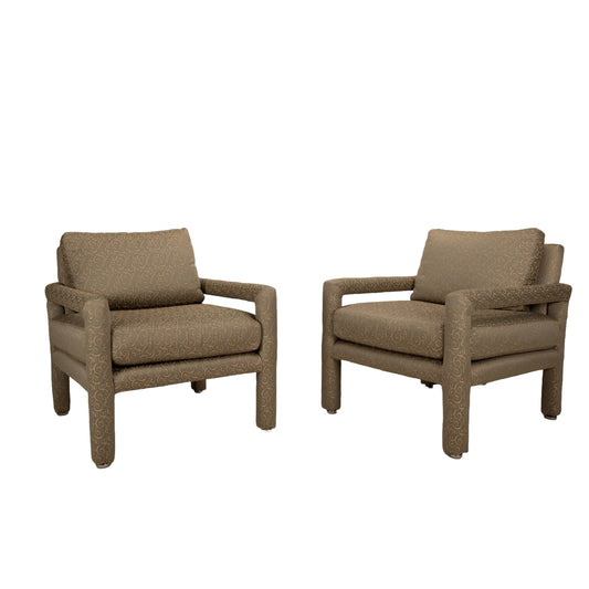 1980s Milo Baughman Style Parson Upholstered Lounge Chairs - A Pair , Classic Mid Century Modern Design MCM , High End Quality Piece
