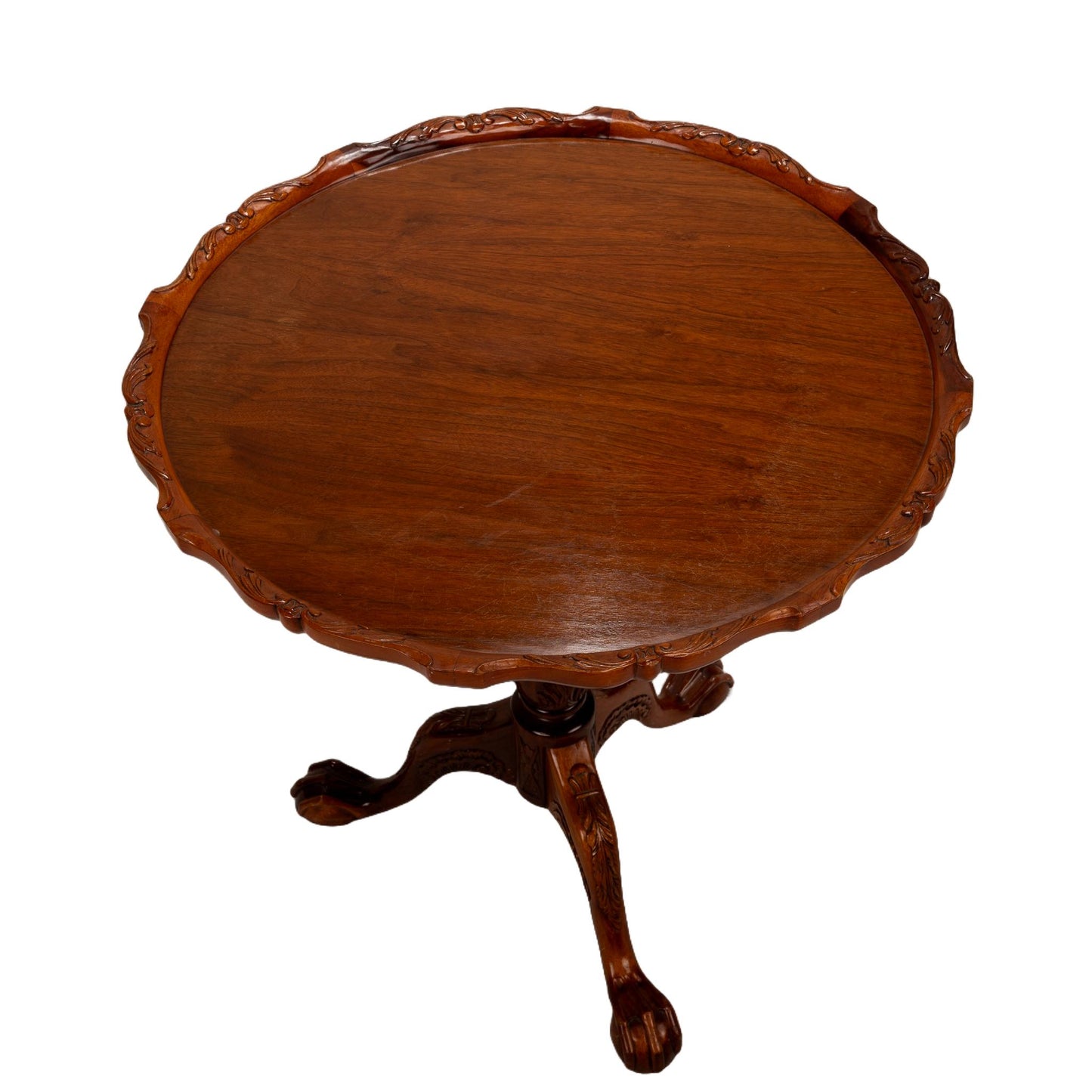 Vintage English Georgian Chippendale Mahogany Pie Crust Tilt Top Tea Card Table , Brass Hardware, Exquisite Detailed Carvings, Elegant Piece