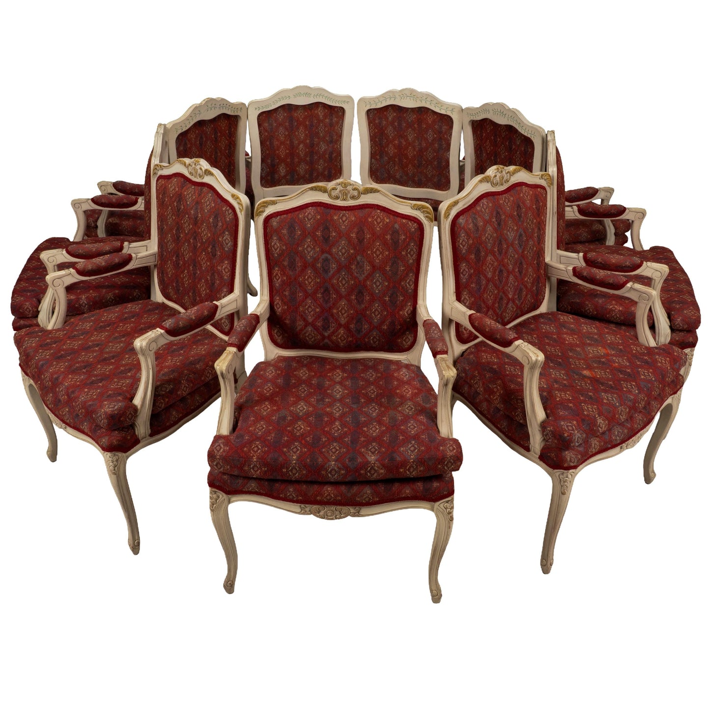 French Provincial Dining Chairs Louis XV Style White Frame Upholstered -Set of 9