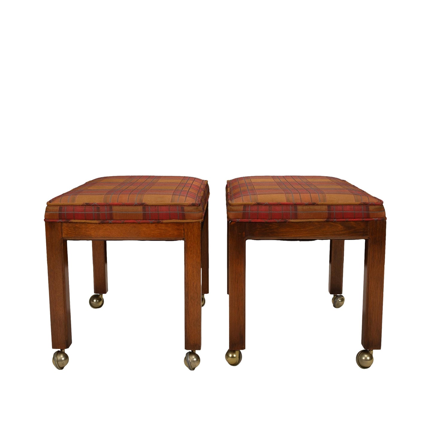 1960s Vintage Plaid Upholstered Rolling Stools Ottomans on Brass Casters | Mid Century Footstools Pair | Retro Accent Seating