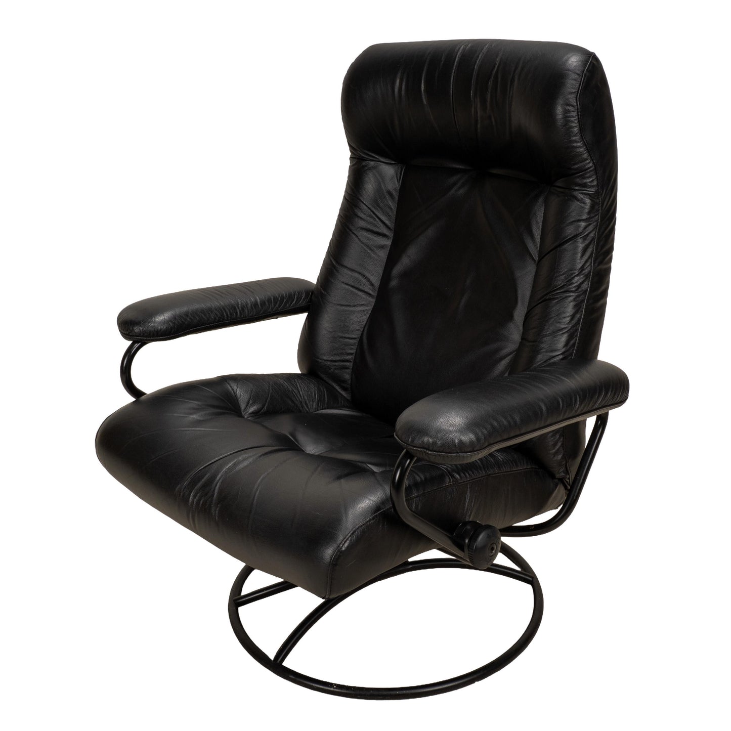 1980s Vintage Ekornes Stressless Black Leather Recliner & Ottoman Made in Norway