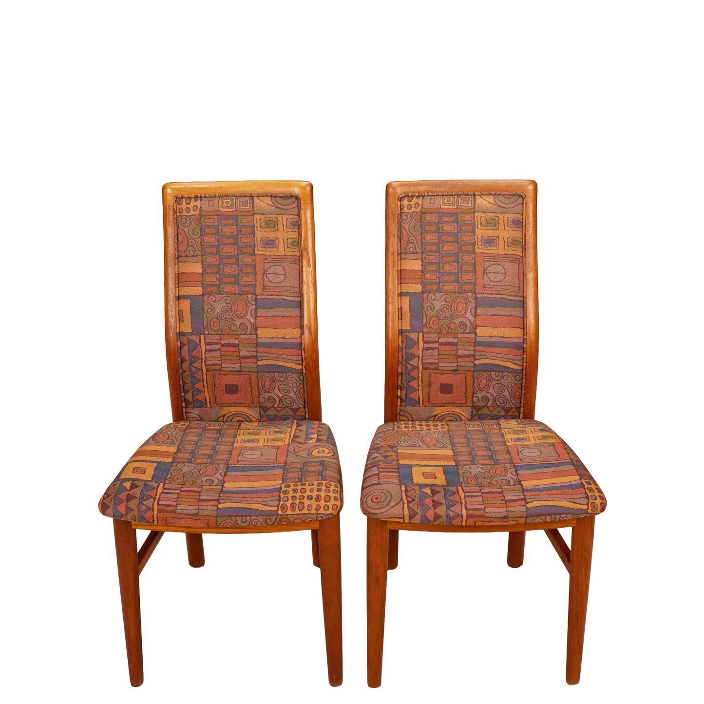 Pair Vintage Danish Teak Side Accent Chairs – Schou Andersen Denmark – Funky 80s Upholstery