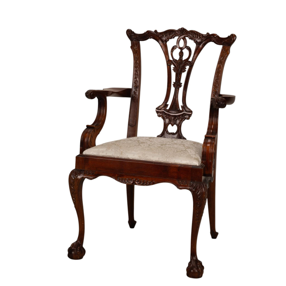 Pair Antique Chippendale Revival Carved Mahogany Ball & Claw Arm Chairs