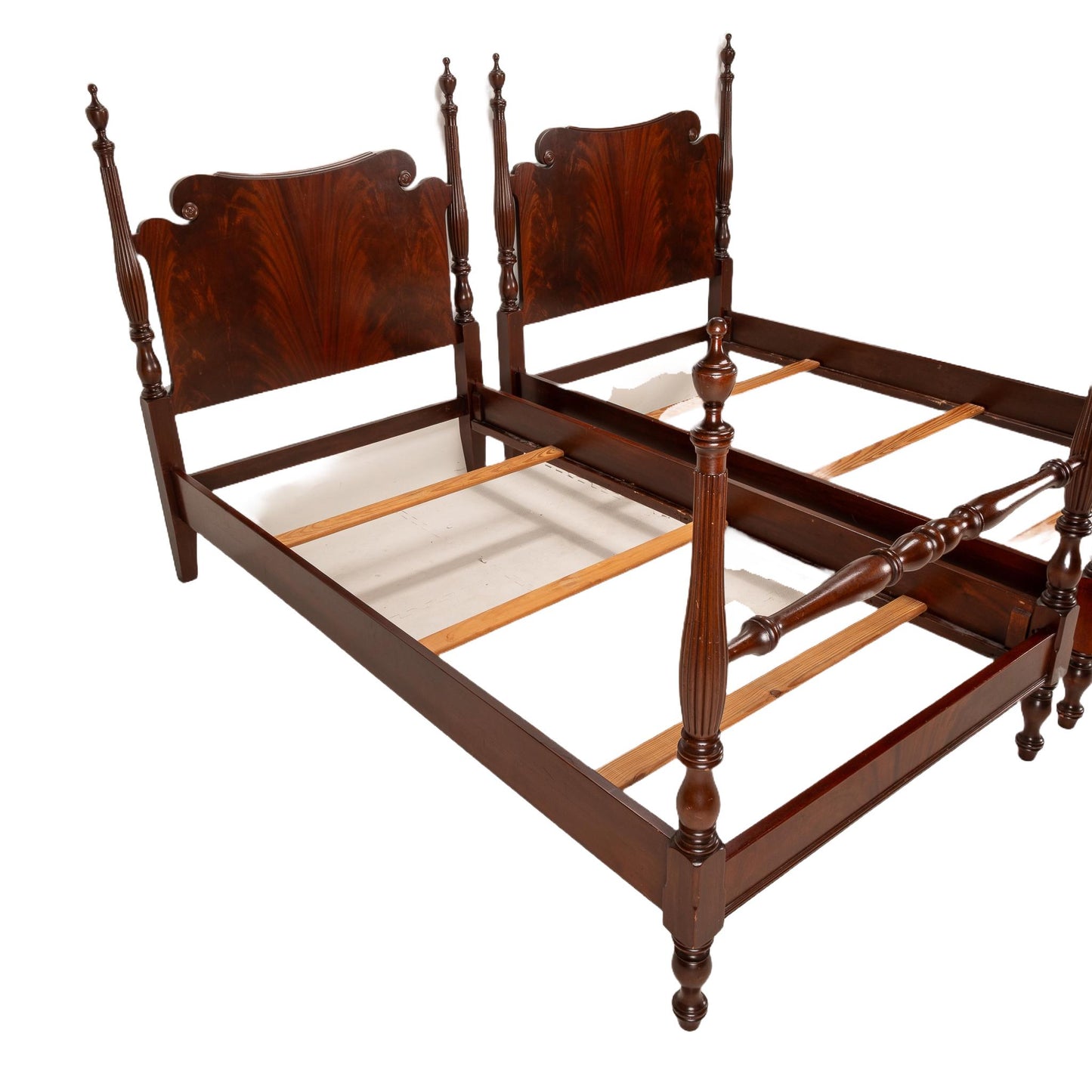 Outstanding Antique Flamed Mahogany 4 Poster Twin Bed Frames - a Pair , High End Antique Furniture, Late 1800s, Fantastic Burl Wood Pattern