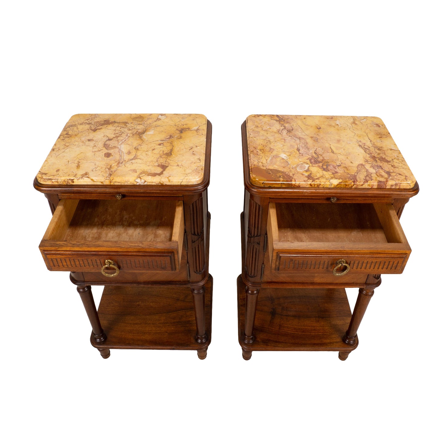 Antique French Louis XVI Style Marble Top Ceramic Lined Nightstands - A Pair
