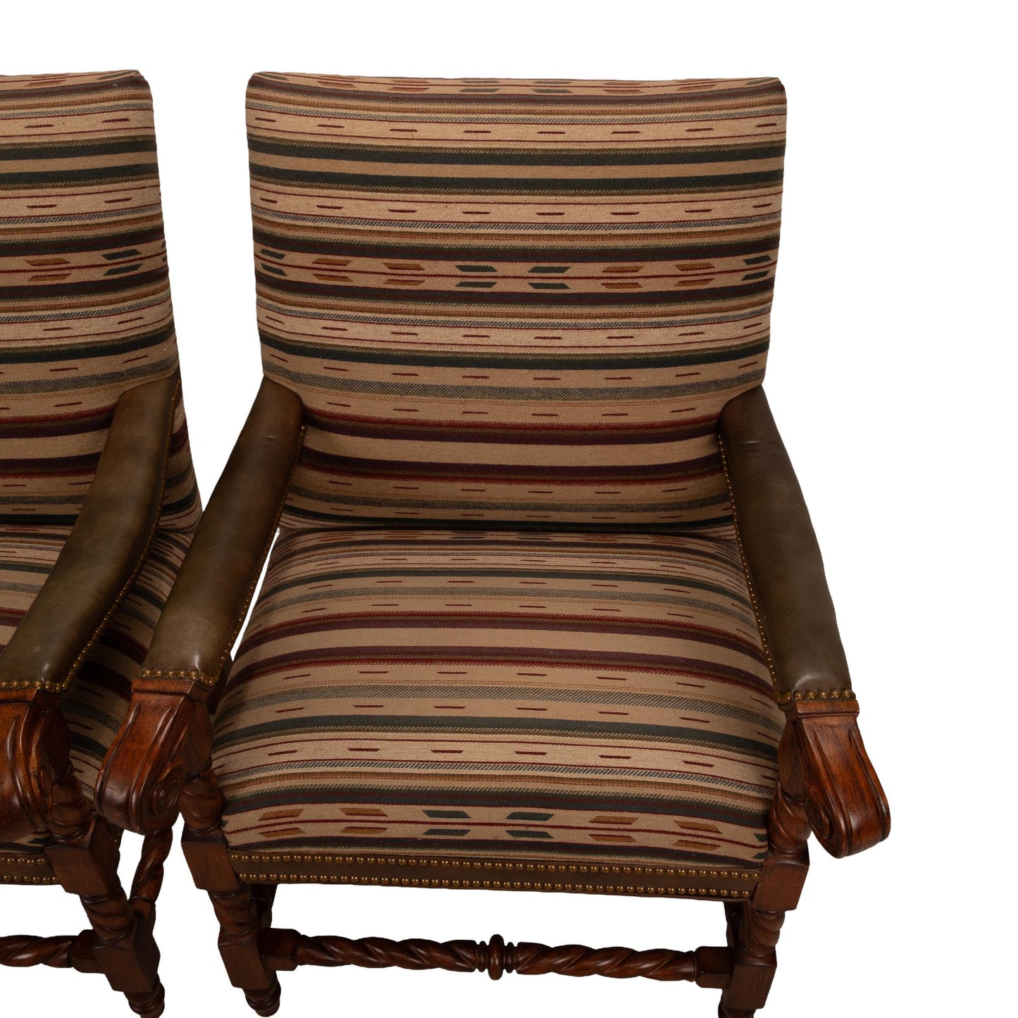Hancock & Moore Louis XIII French Style Barley Twist Throne Armchairs W/ Southwestern Wool Geometric Fabric