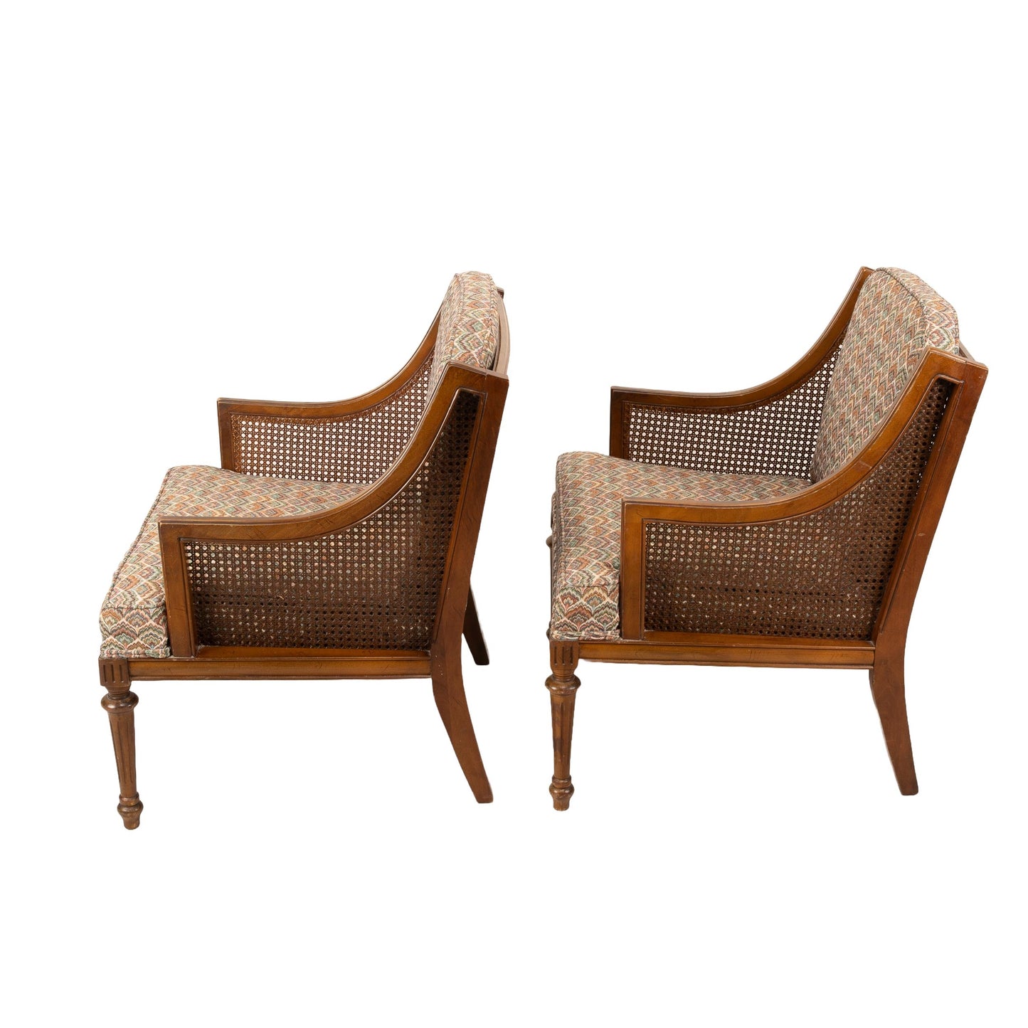 Pair of 1960s French Caned Bergère Chairs – Hollywood Regency Style with Flamestitch Upholstery, Vintage Armchairs Accent Seating