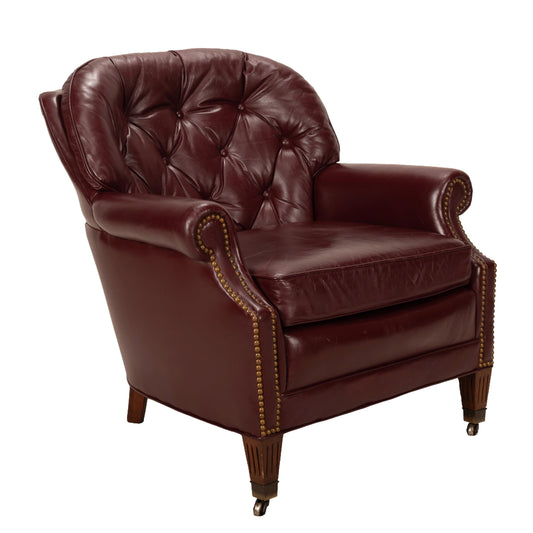 1980s Leathercraft Kirkland Armchair in Burgundy, Tufted Leather with Brass Studs, Vintage Leather Accent Chair, Classic Leather Seating