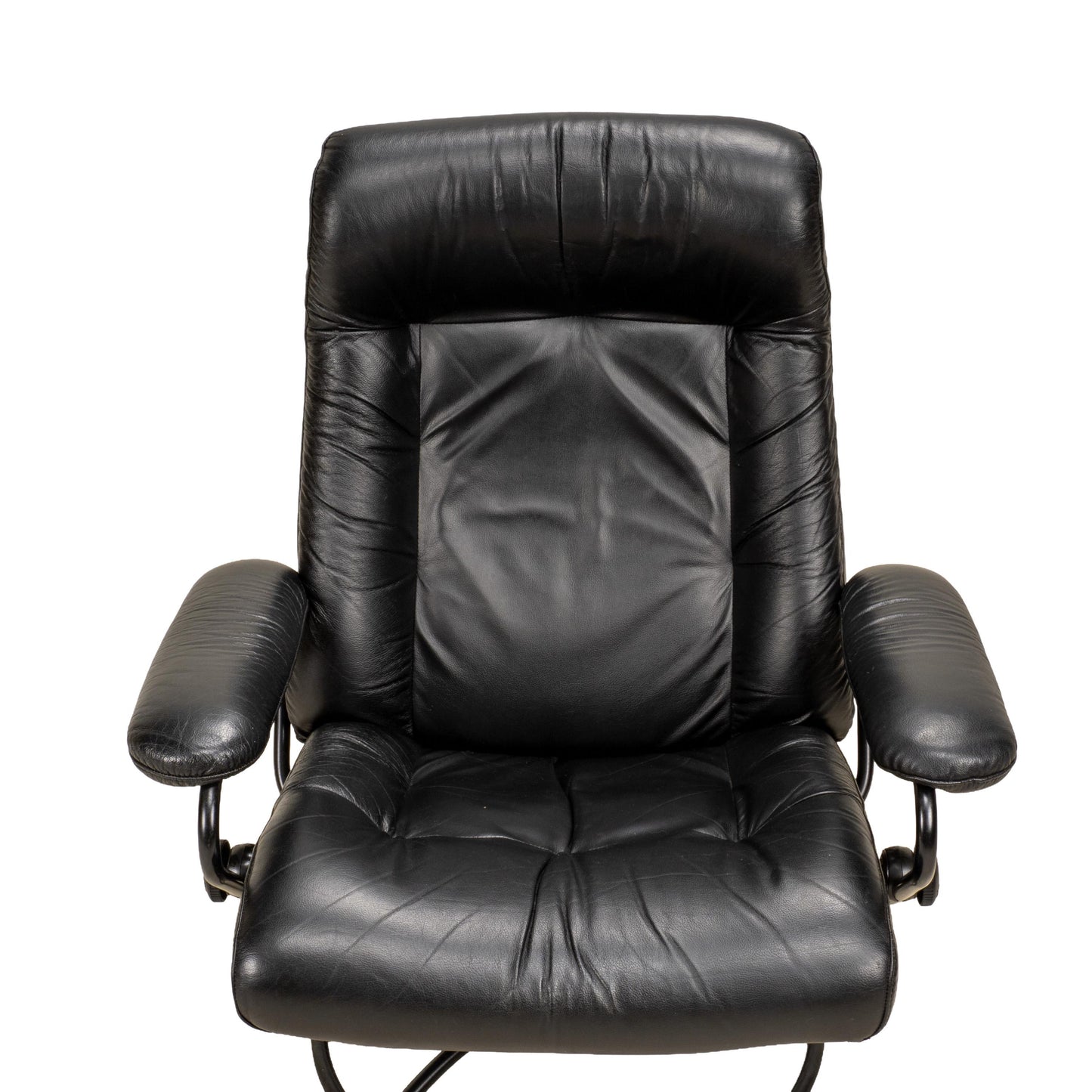 1980s Vintage Ekornes Stressless Black Leather Recliner & Ottoman Made in Norway