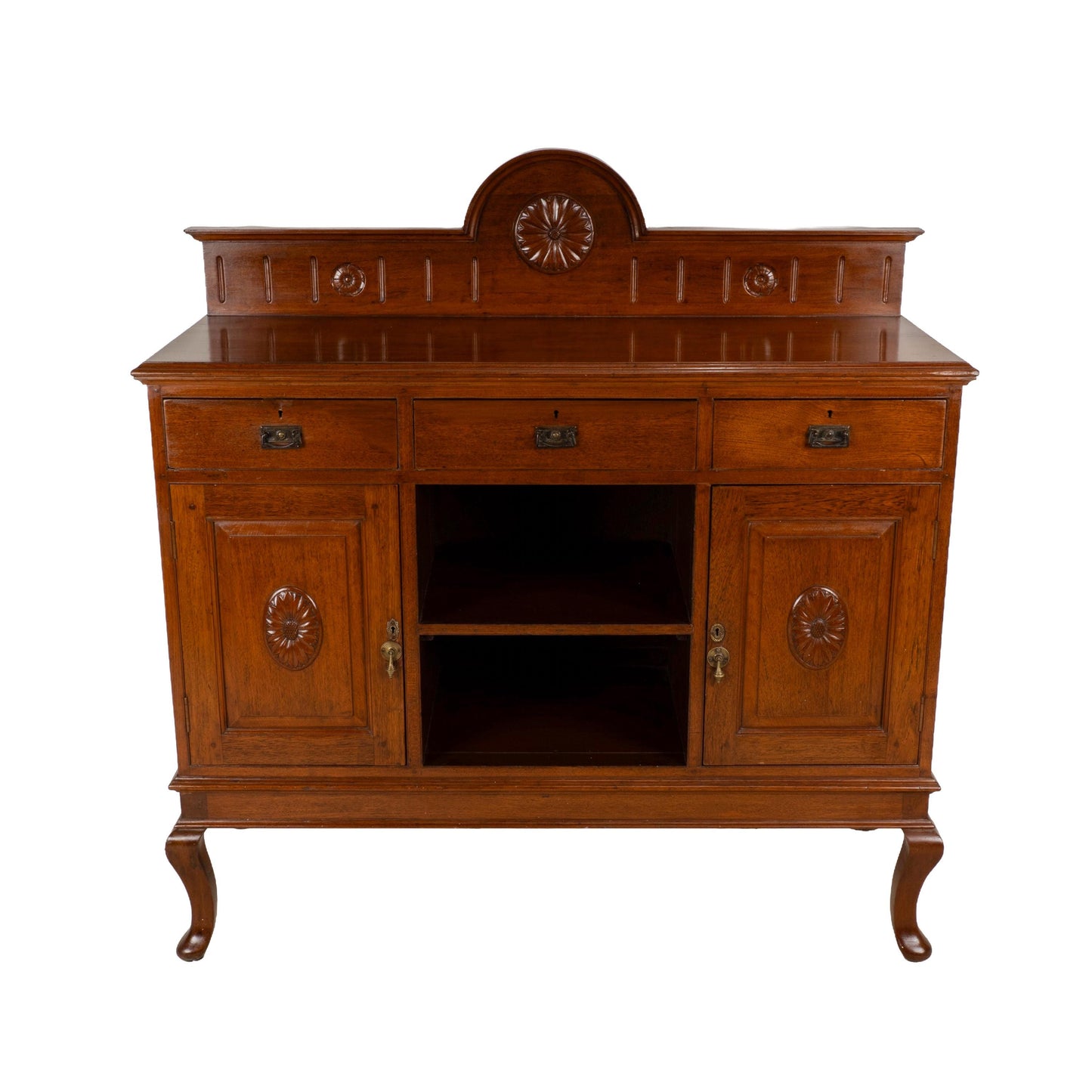 English Edwardian Oak Sideboard Buffet Server Carved Sunflower Motif Cabinet