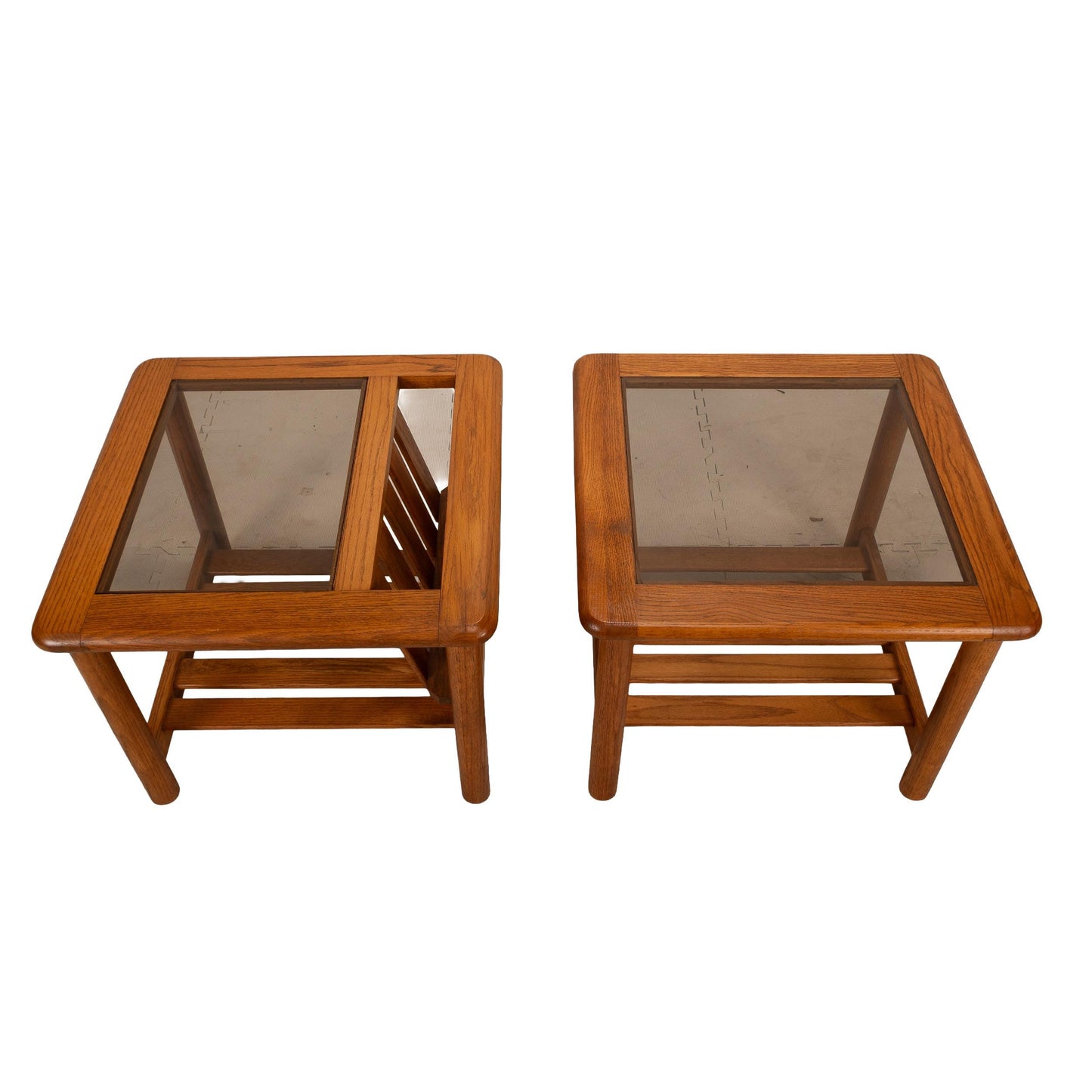 1970's Mersman Solid Oak & Smoked Glass End Tables / Magazine Tables - Set of Two