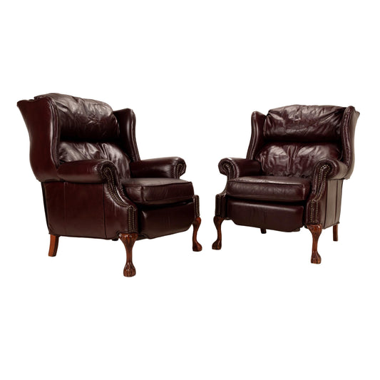 Vintage Barcalounger Recliner Chairs – Burgundy Leather Wingback Pair W/ Nailhead Trim, Traditional Club Style, Comfortable Seating USA Made