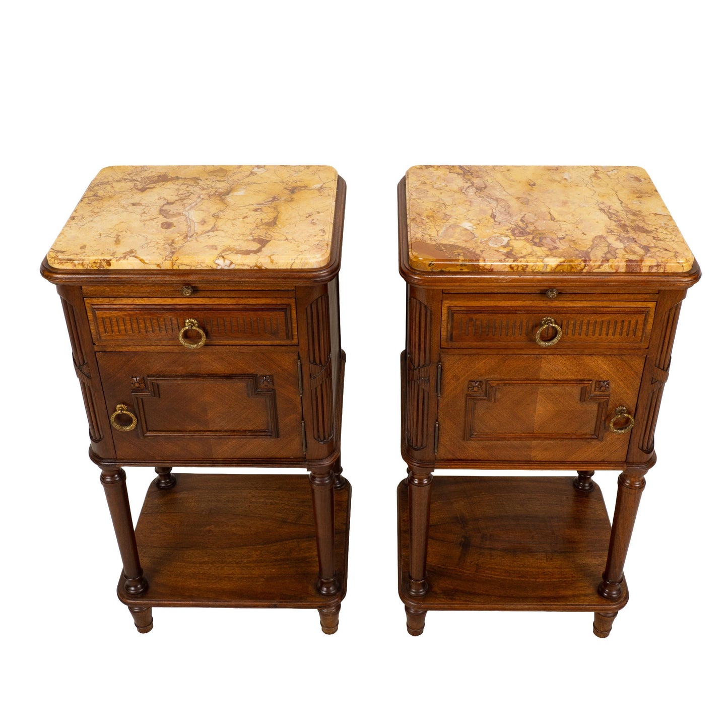 Antique French Louis XVI Style Marble Top Ceramic Lined Nightstands - A Pair