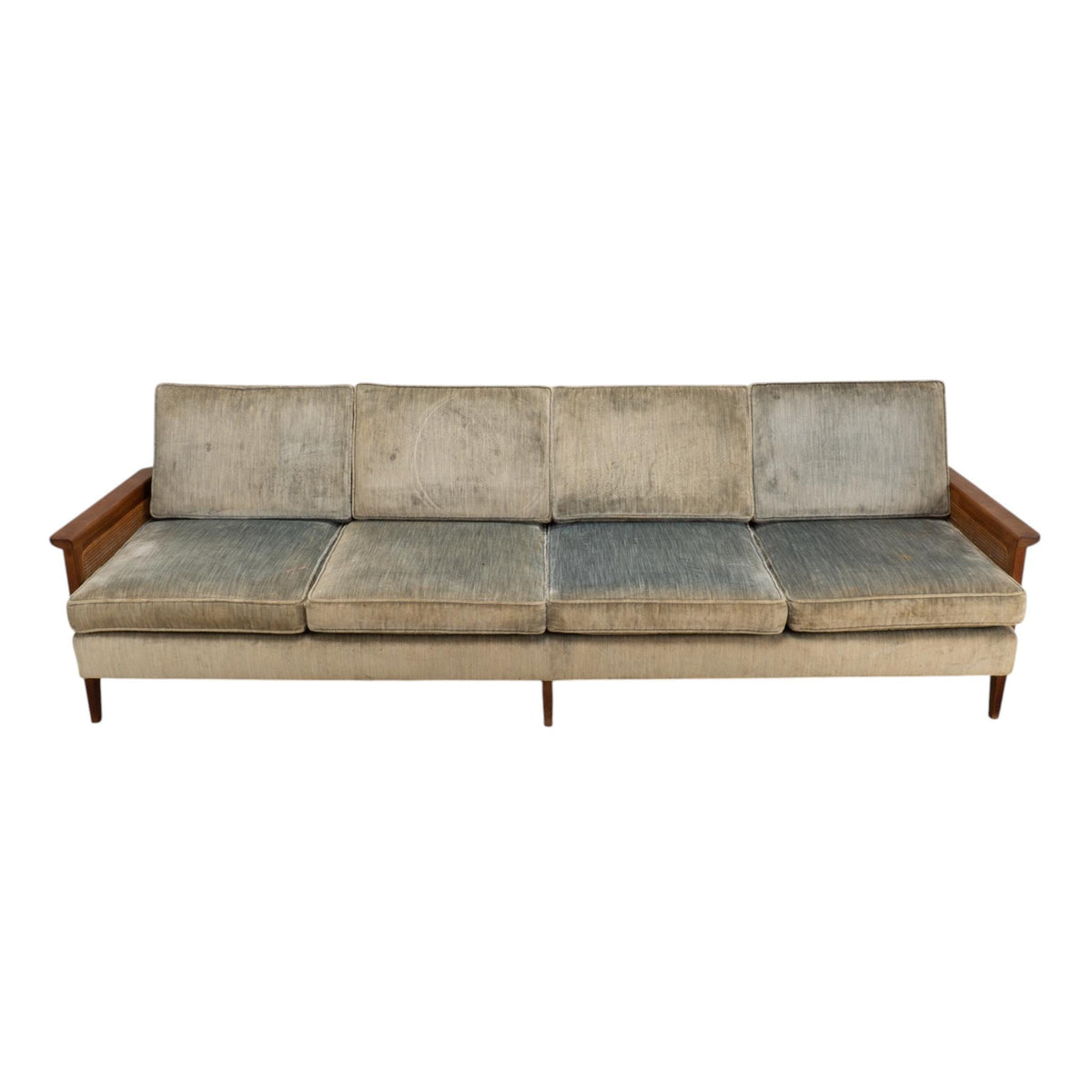 1960s Mid Century Modern 101" Caned Walnut Velvet Sofa for Reupholstery