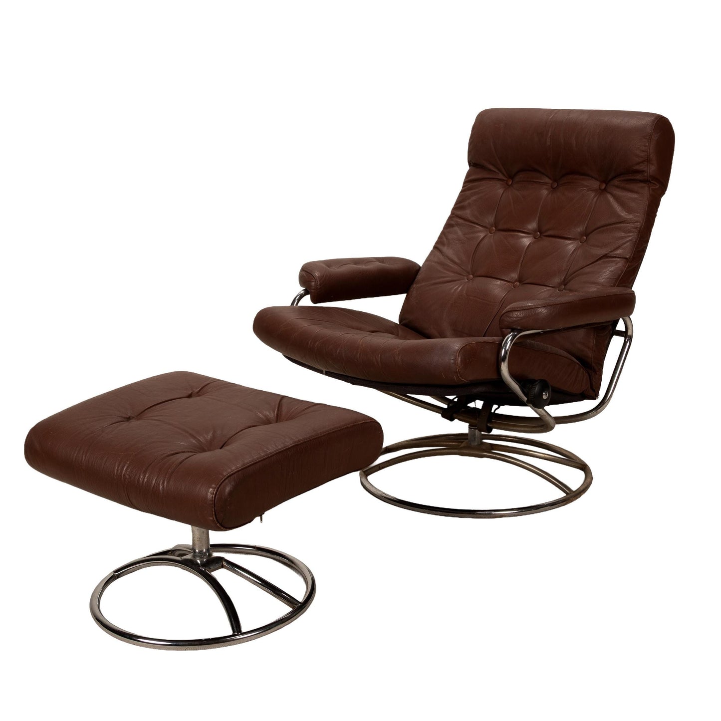 1970s Vintage Ekornes Stressless Recliner & Ottoman in Brown Leather With Chrome Retro Base