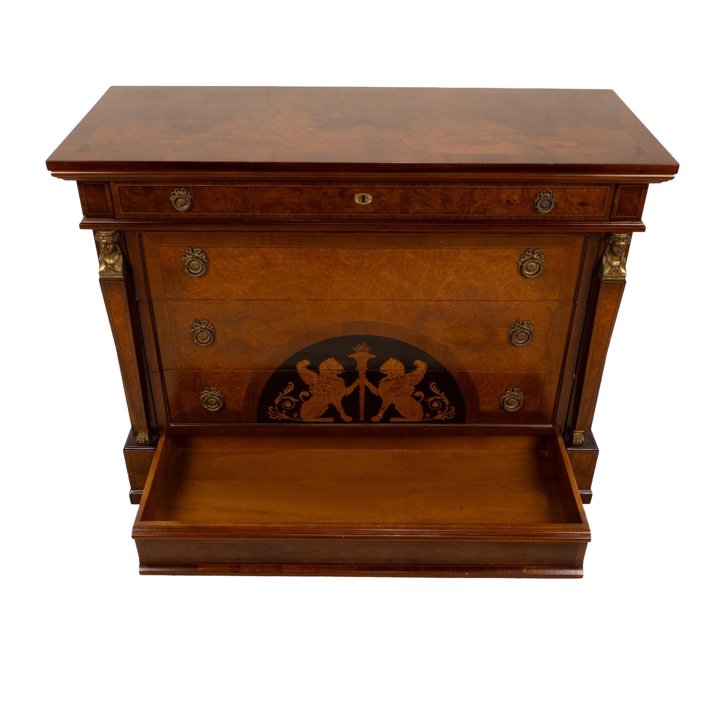 Empire Style Chest of Drawers W/ Griffin Motifs &Hidden Drawer, Neoclassical Dresser