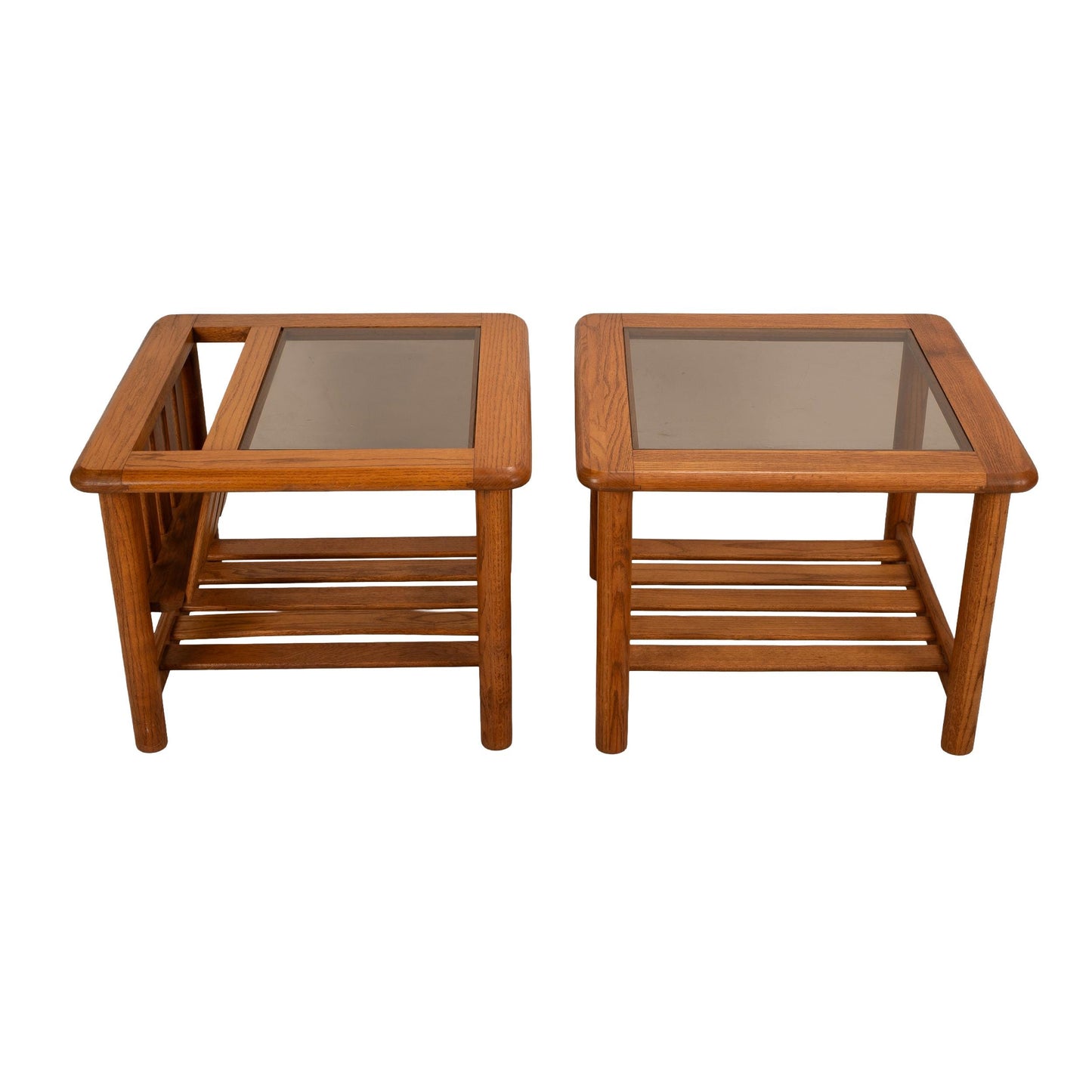 1970's Mersman Solid Oak & Smoked Glass End Tables / Magazine Tables - Set of Two