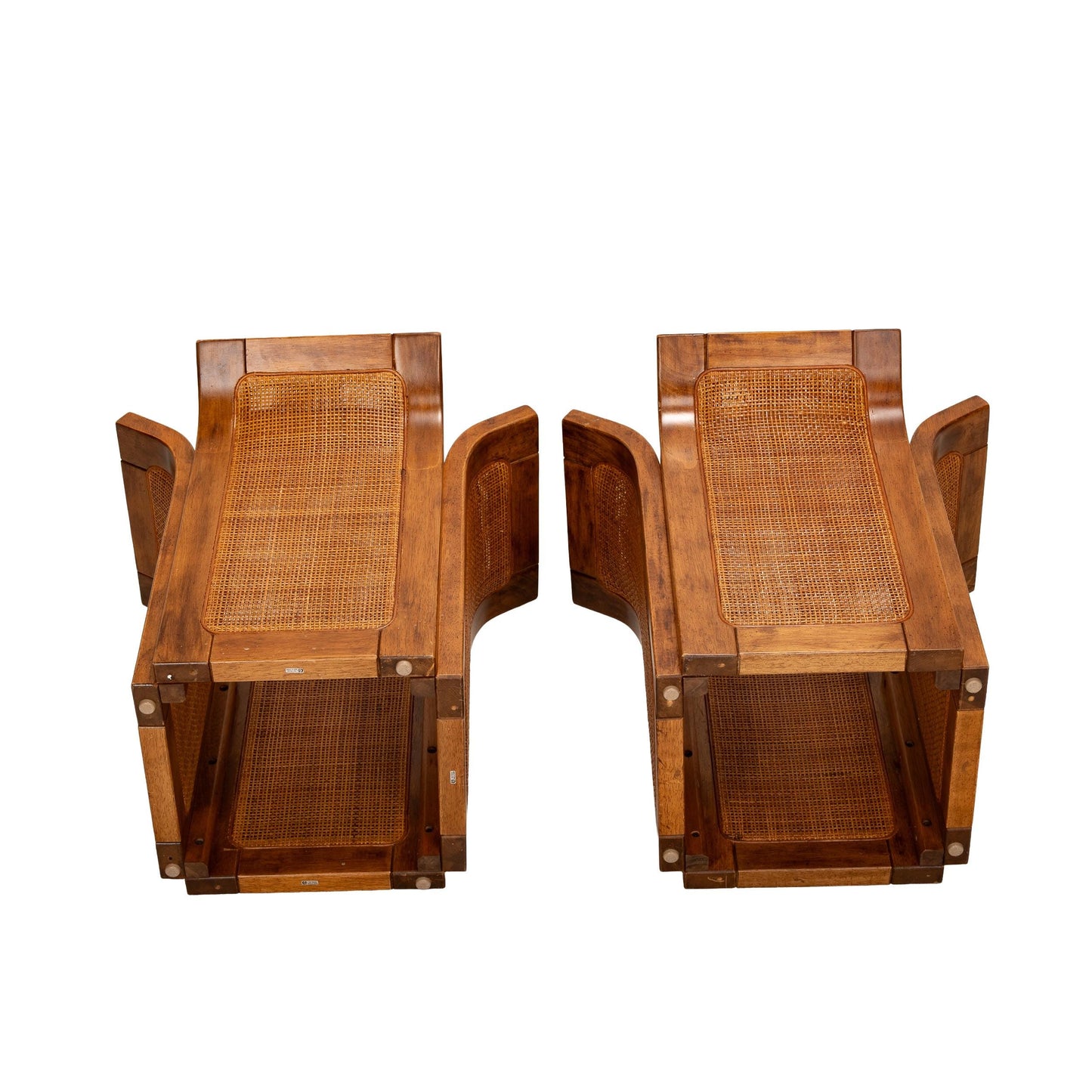1960s Mid Century Modern Double Wicker Bentwood Side Tables with Smoked Glass Tops – Retro Boho Chic Vintage Accent End Tables