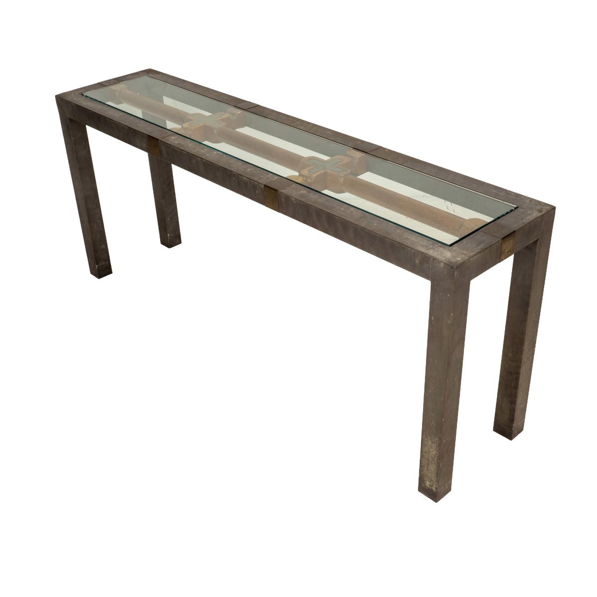 Vintage Brutalist Iron, Brass & Wood Console Table W/ Thick Beveled Glass Insert