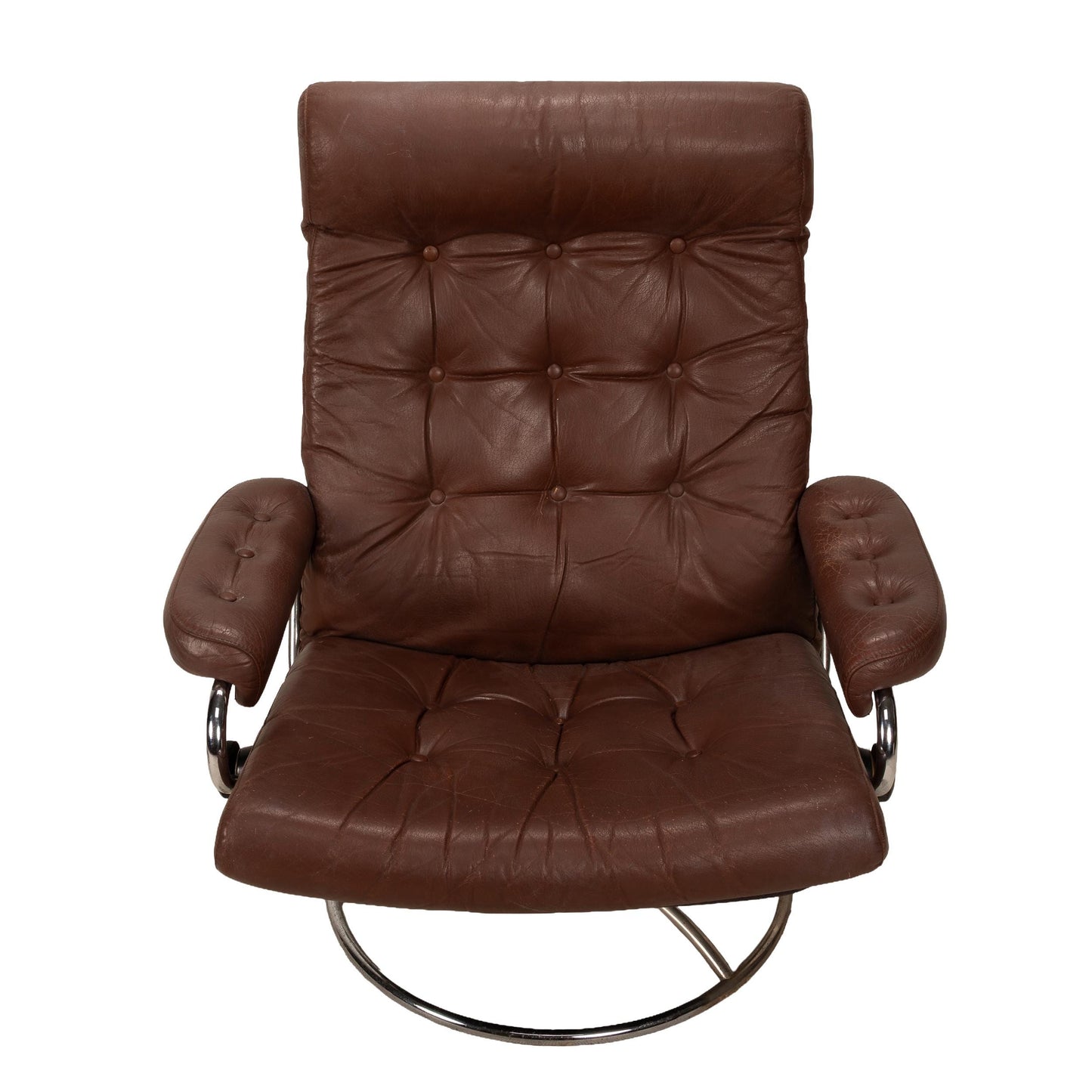 1970s Vintage Ekornes Stressless Recliner & Ottoman in Brown Leather With Chrome Retro Base