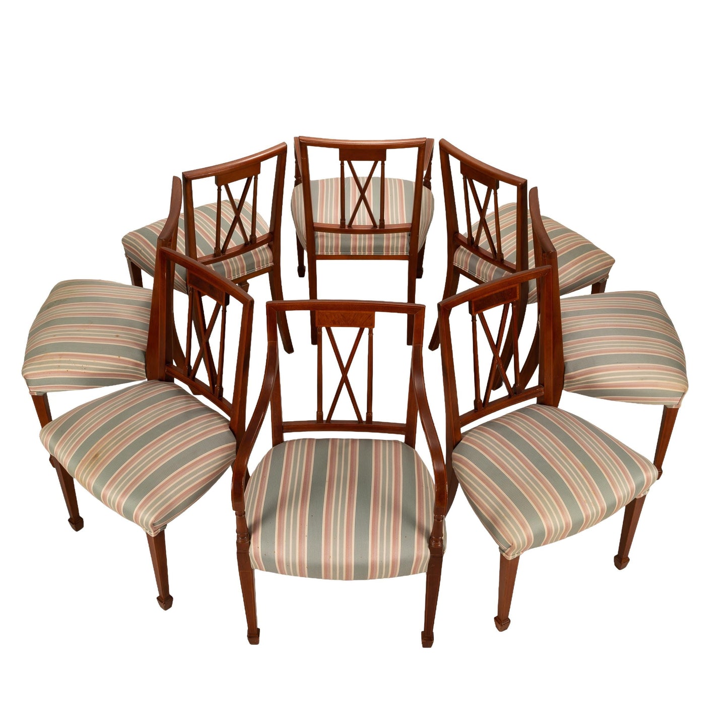 Flame Mahogany Regency Style Dining Chairs – Sculpted Arms & Inlaid X-Backs - Set of 8