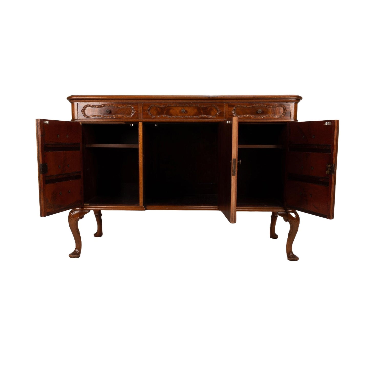Antique French Provincial Style Flamed Mahogany Sideboard Buffet - High End Furniture, Gorgeous Burl Wood Pattern, USA Shipping Available